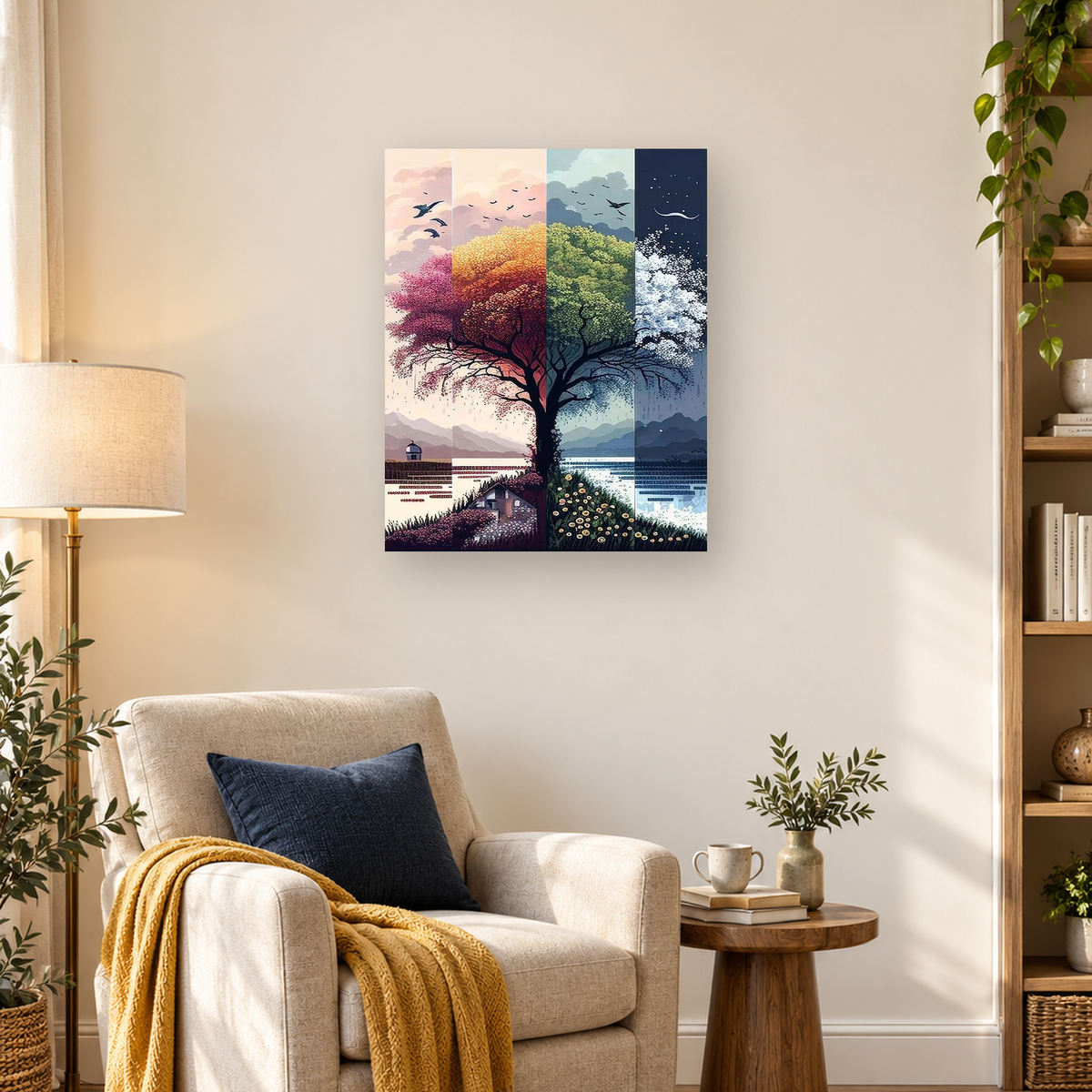 Central tree across four seasonal landscape panels with birds, mountains, water, and a starry night sky — 03_lifestyle_hero