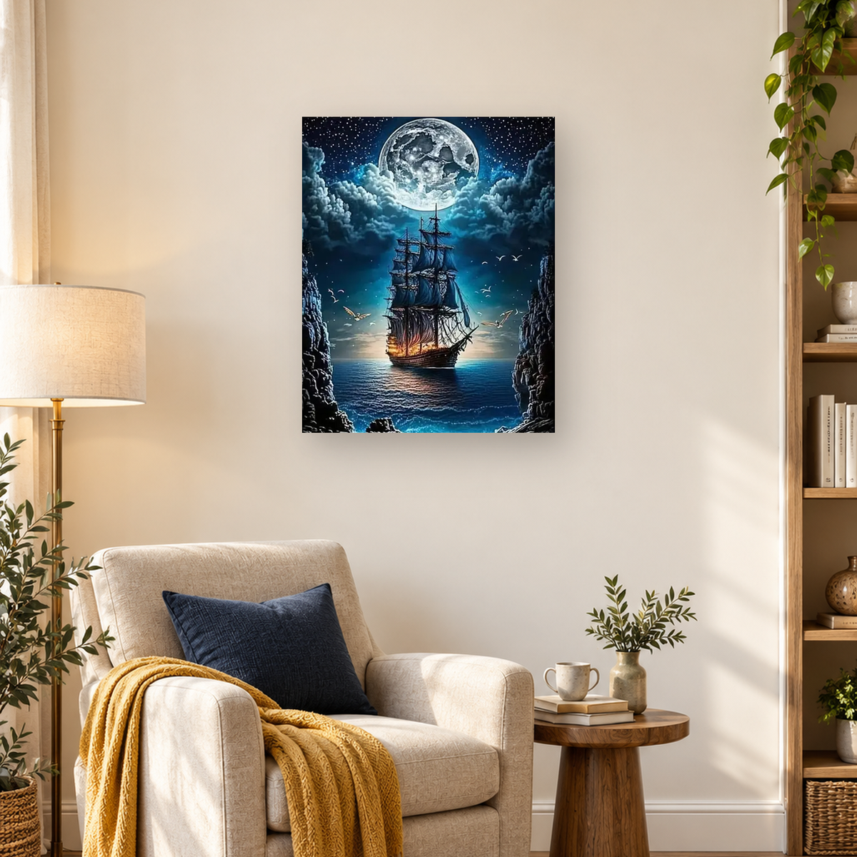Tall sailing ship on moonlit water between rocky cliffs, beneath a large full moon and starry sky — 03_lifestyle_hero