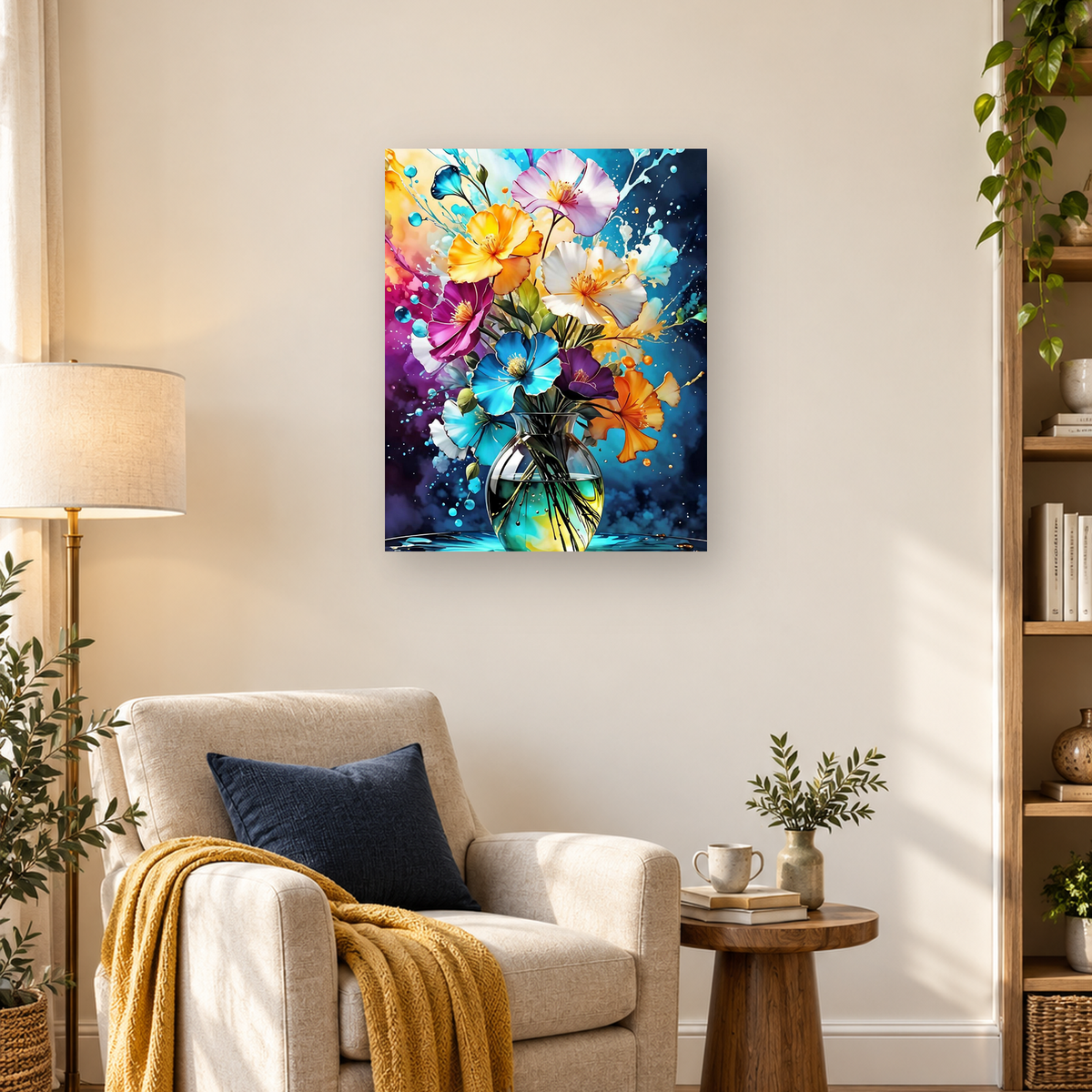 Colorful flower bouquet in a reflective glass vase against a dark paint-splashed background — 03_lifestyle_hero