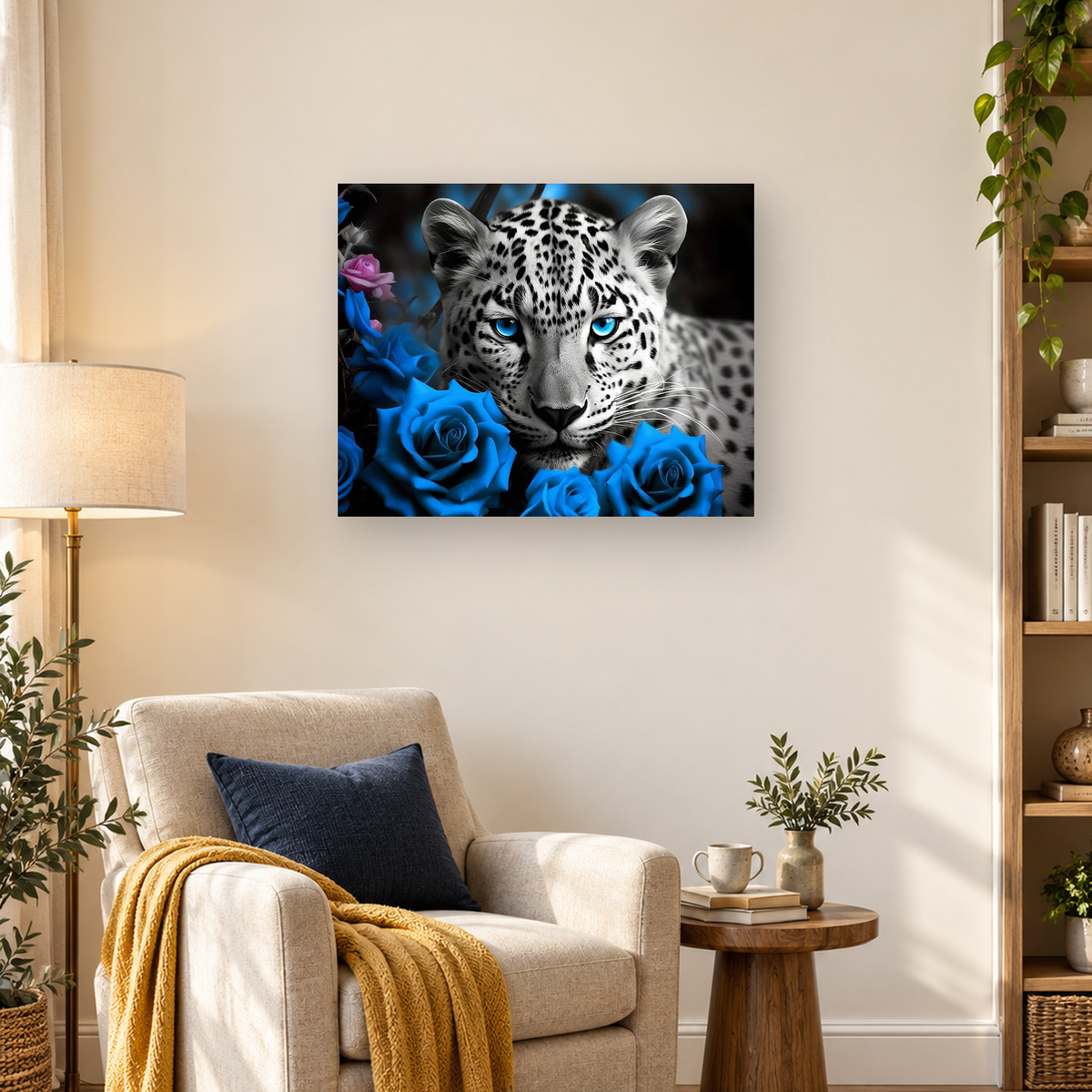 White leopard with bright blue eyes framed by vivid blue roses and a pink rose — 03_lifestyle_hero