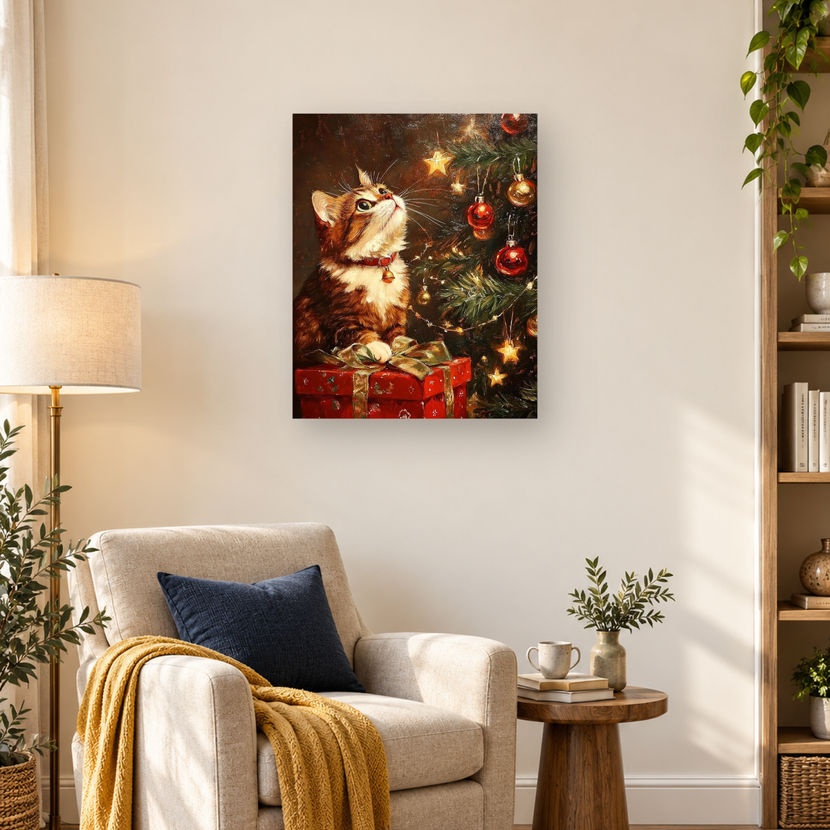 Ginger-and-white cat with a bell collar looks up beside a decorated Christmas tree and red presents.