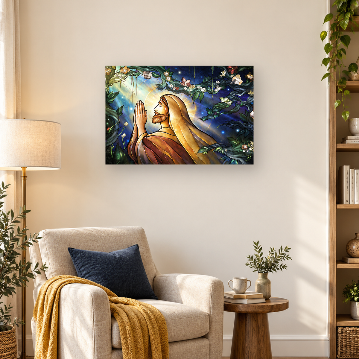 Stained-glass style hooded bearded figure praying among flowering vines beneath a radiant halo — 03_lifestyle_hero