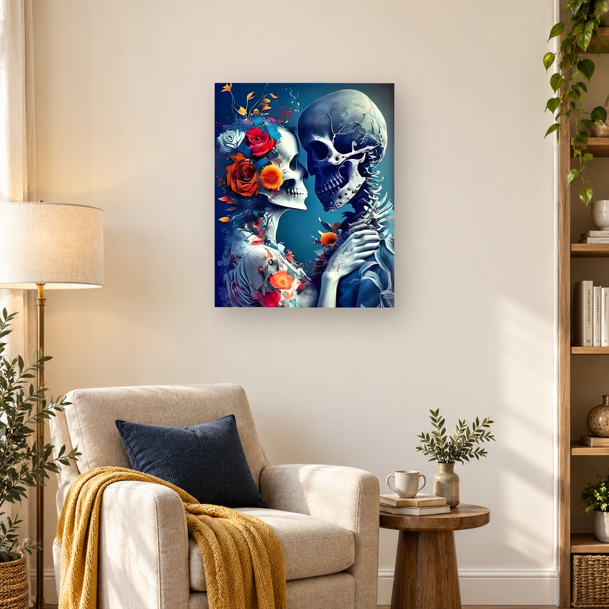 Two inward-facing skulls surrounded by red and orange flowers against a deep blue background — 03_lifestyle_hero