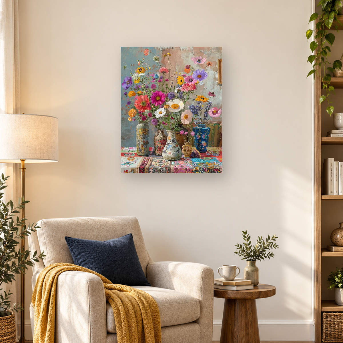 Colorful flowers arranged in patterned vases on a richly decorated textile — 03_lifestyle_hero