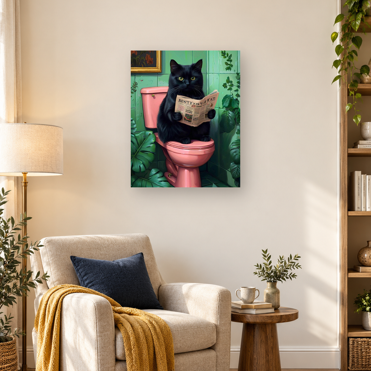 Black cat reading a newspaper while seated on a pink toilet in a leafy green bathroom. — 03_lifestyle_hero