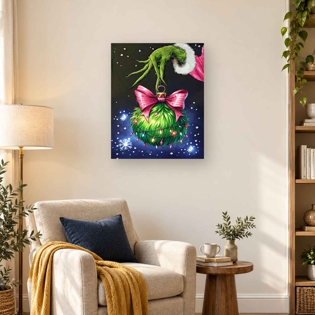 Green Christmas tree ornament with a large pink bow, colorful lights, and snowflakes on a dark blue background