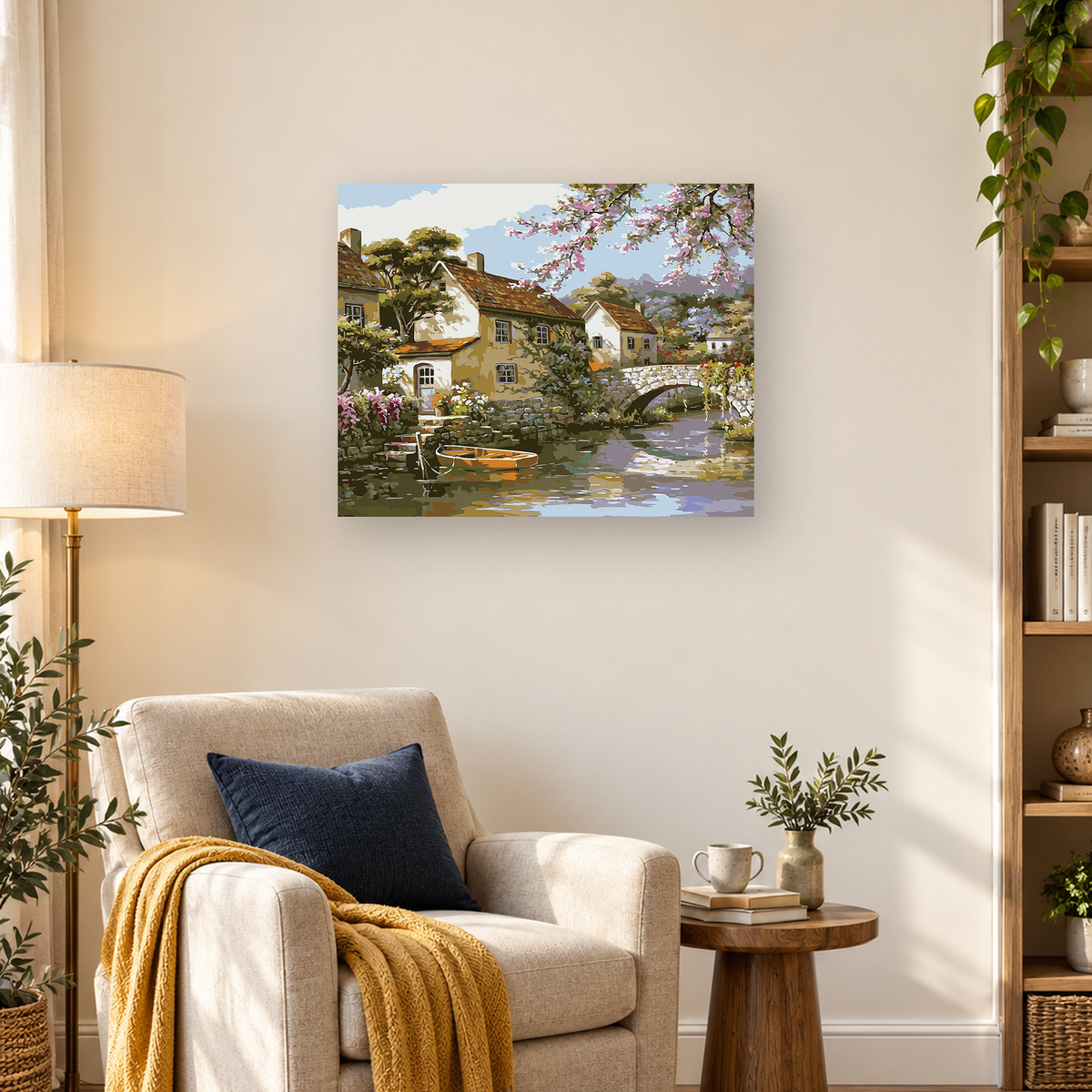 Painterly riverside village with cottages, stone bridge, rowboat, flowering trees, and reflective water — 03_lifestyle_hero