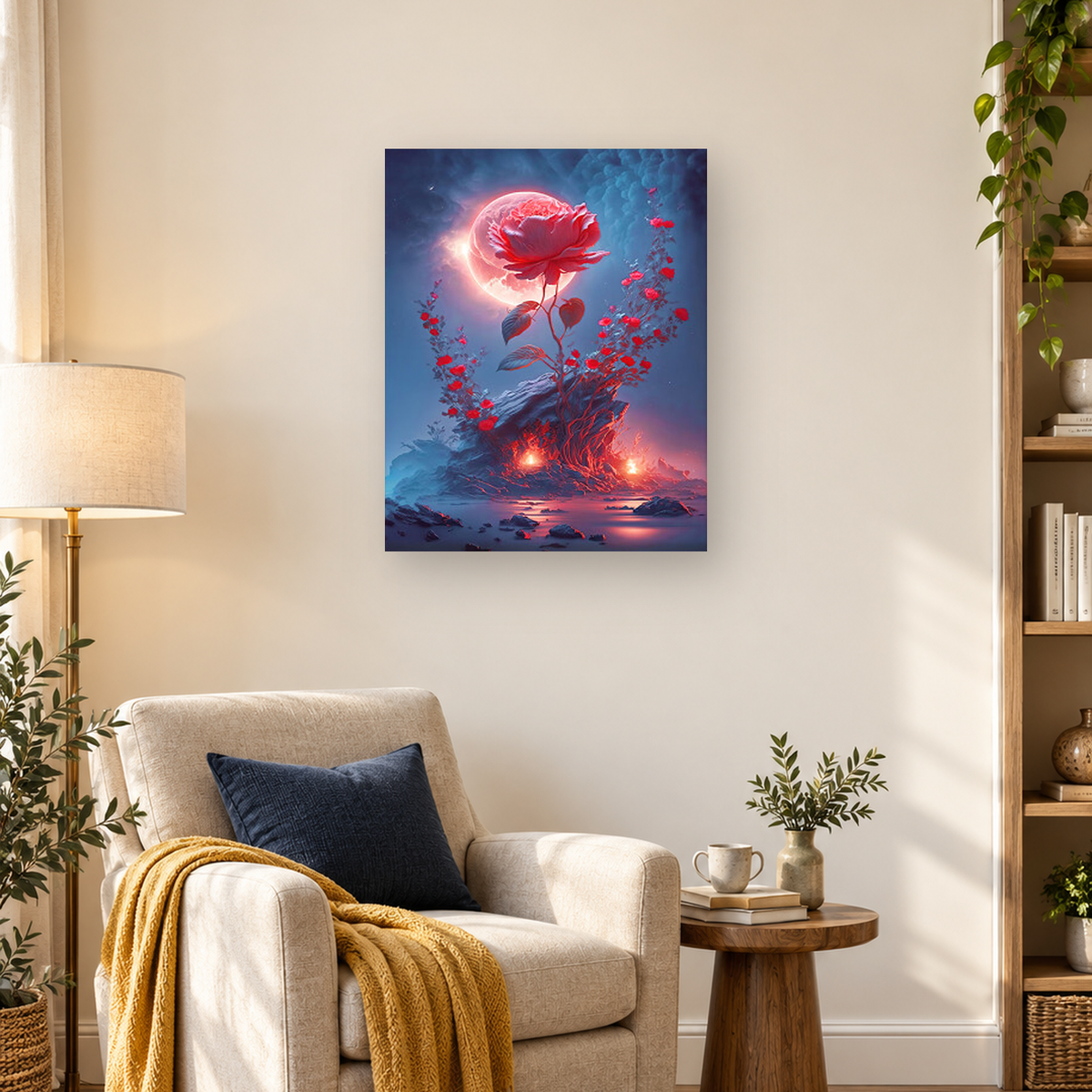 Giant red rose before a full moon, surrounded by vines above glowing rocks and reflective water — 03_lifestyle_hero