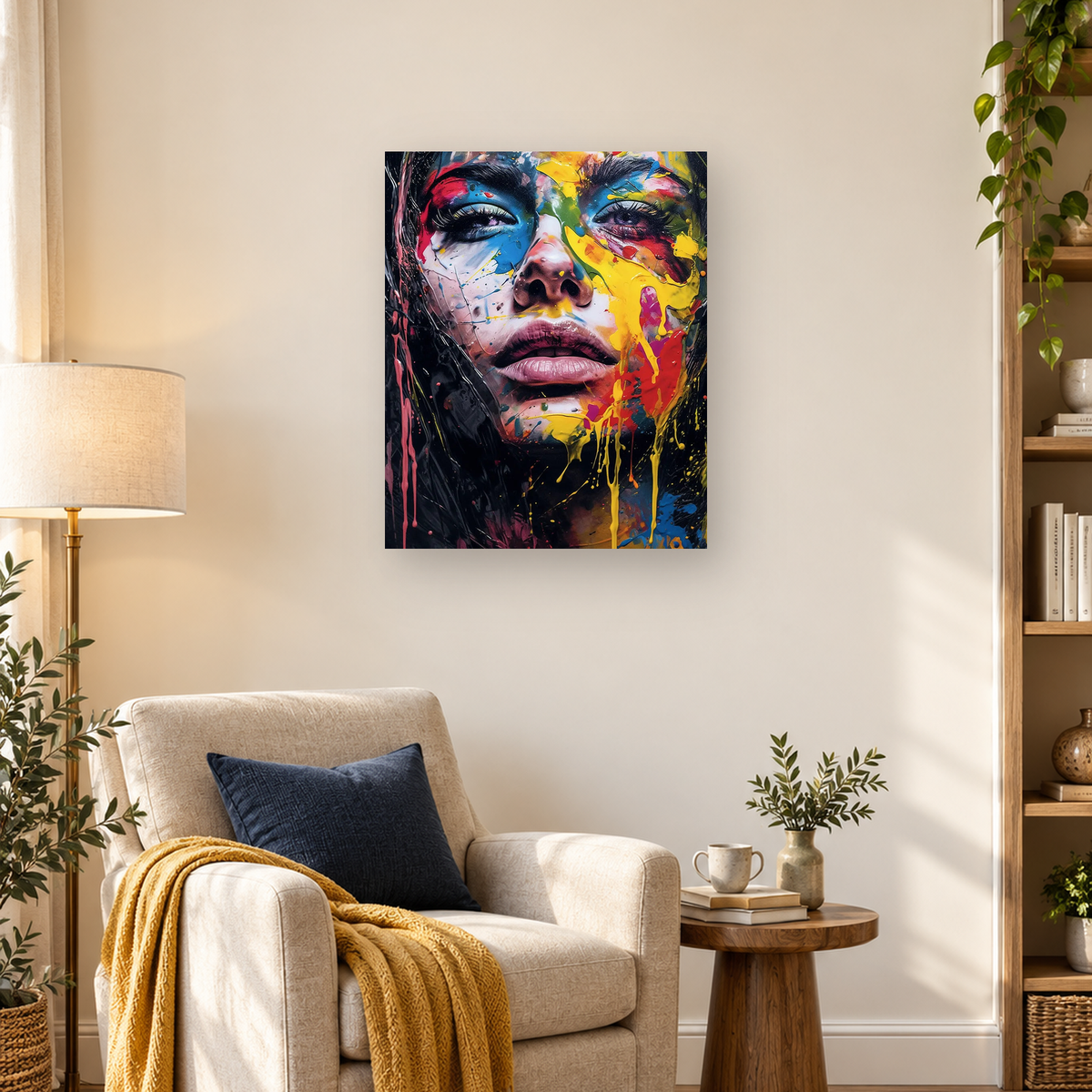 Close-up woman portrait with dark hair, dramatic eyes, and vivid multicolored paint splashes and drips — 03_lifestyle_hero