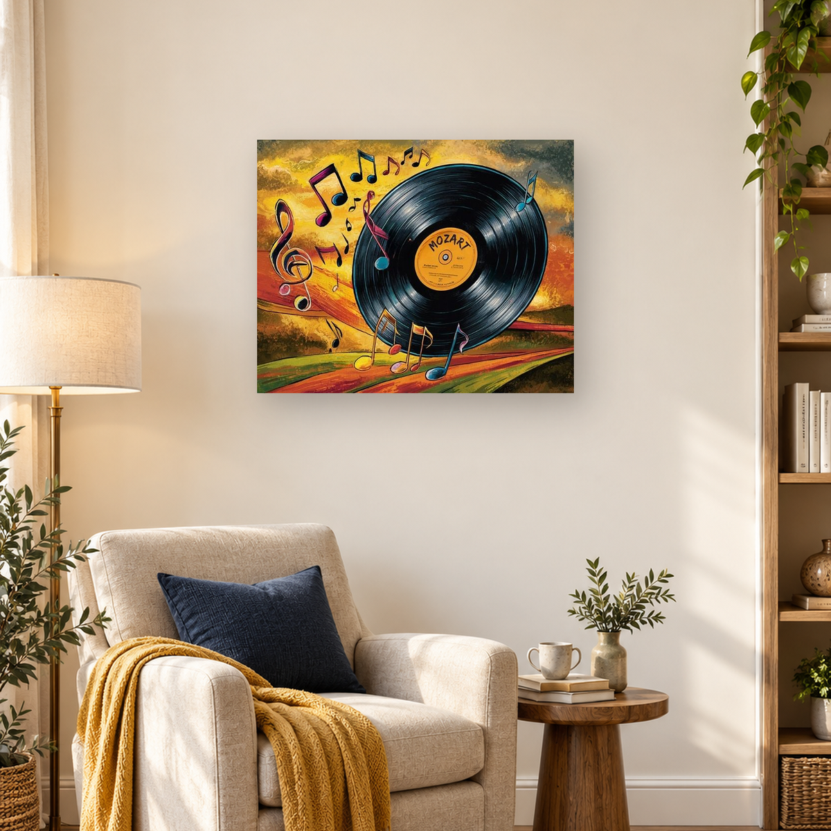 Black vinyl record with orange label surrounded by colorful musical notes and a treble clef — 03_lifestyle_hero