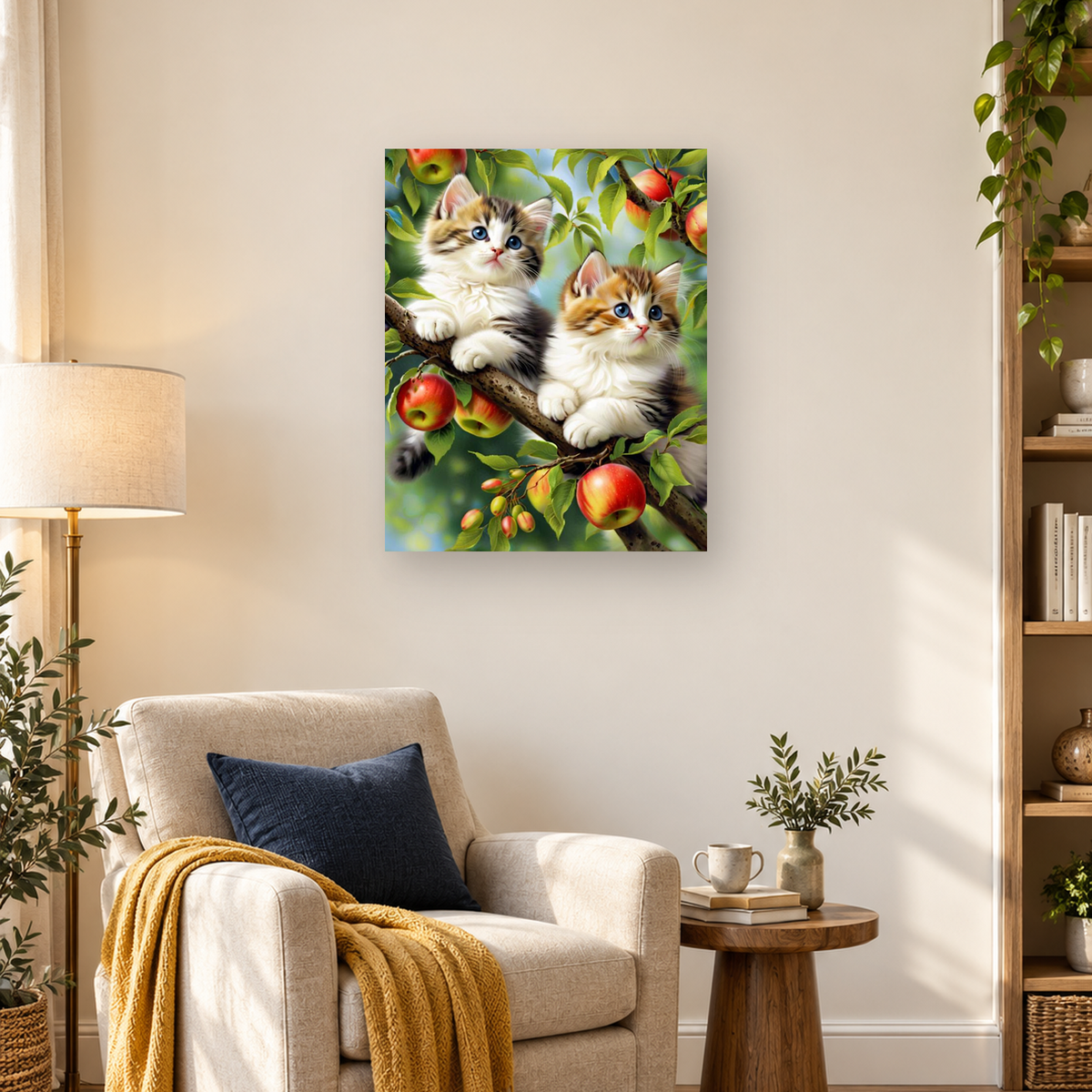 Two fluffy blue-eyed kittens sit on a branch surrounded by apples and green leaves. — 03_lifestyle_hero