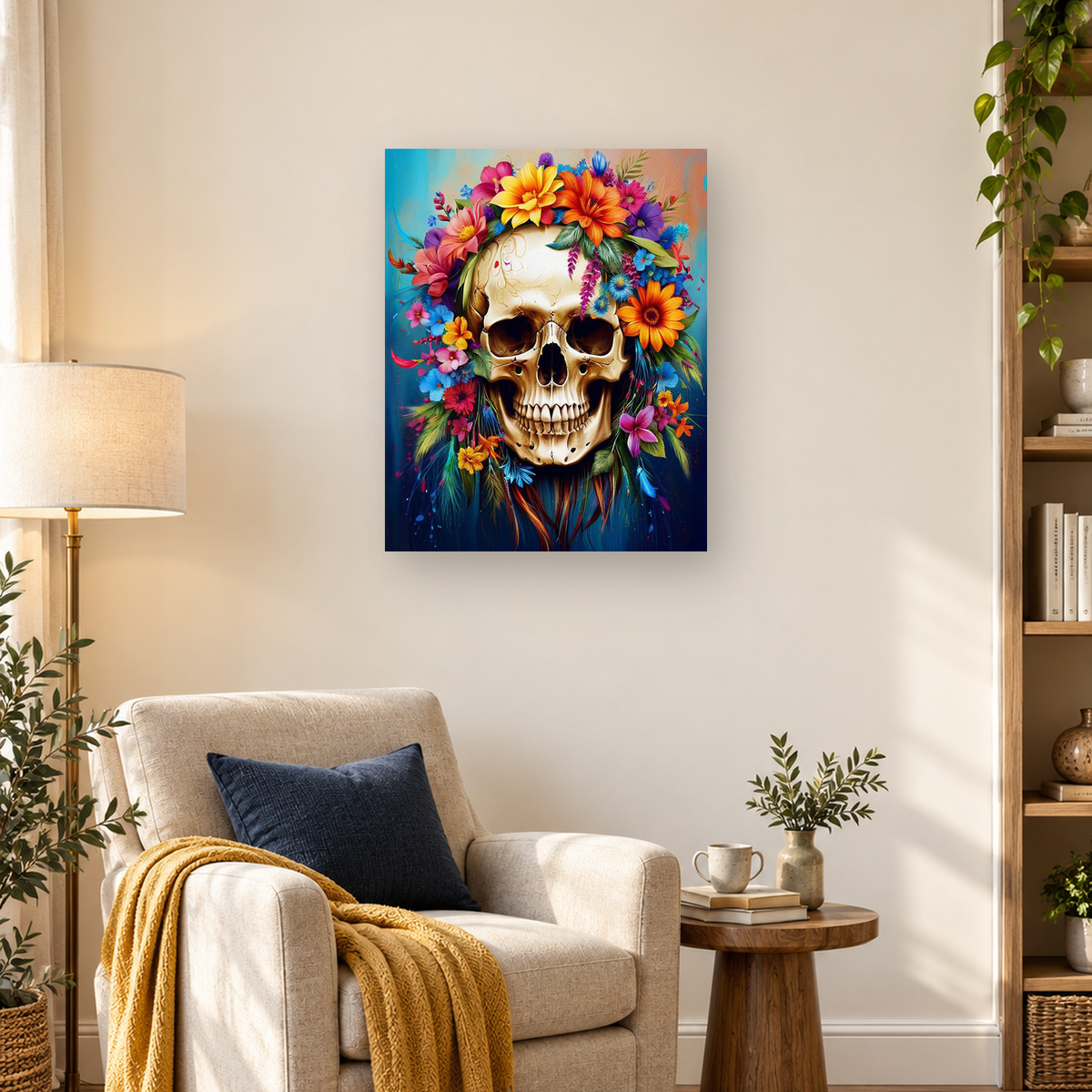 Ivory skull framed by colorful flowers, green leaves, and feathers on a dark blue background — 03_lifestyle_hero
