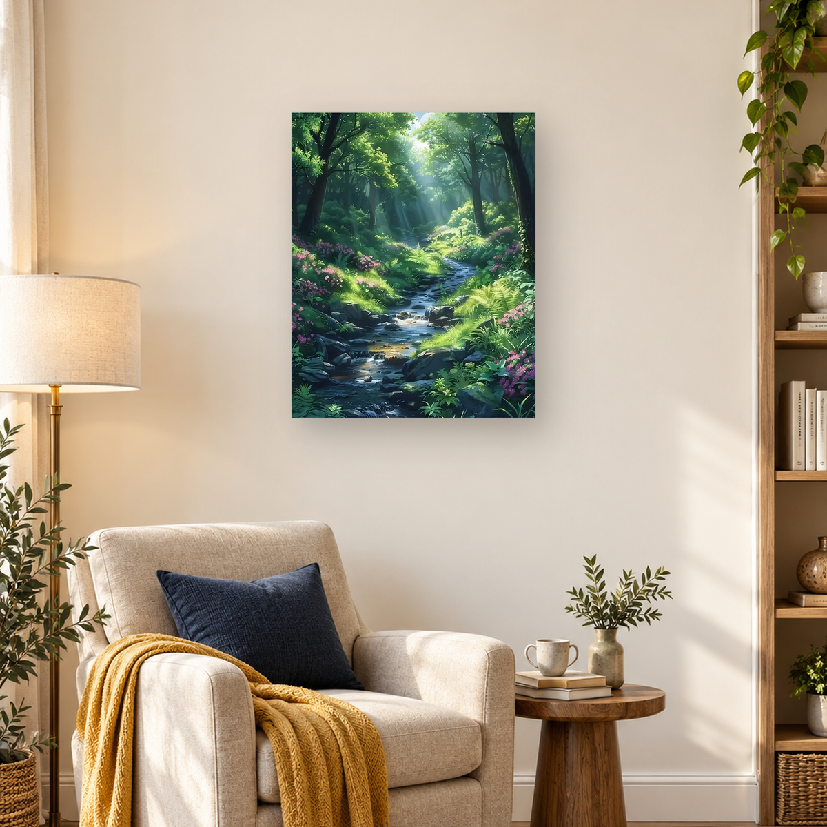 Sunlit forest stream flowing over rocks through ferns, pink flowers, and dense green woodland — 03_lifestyle_hero