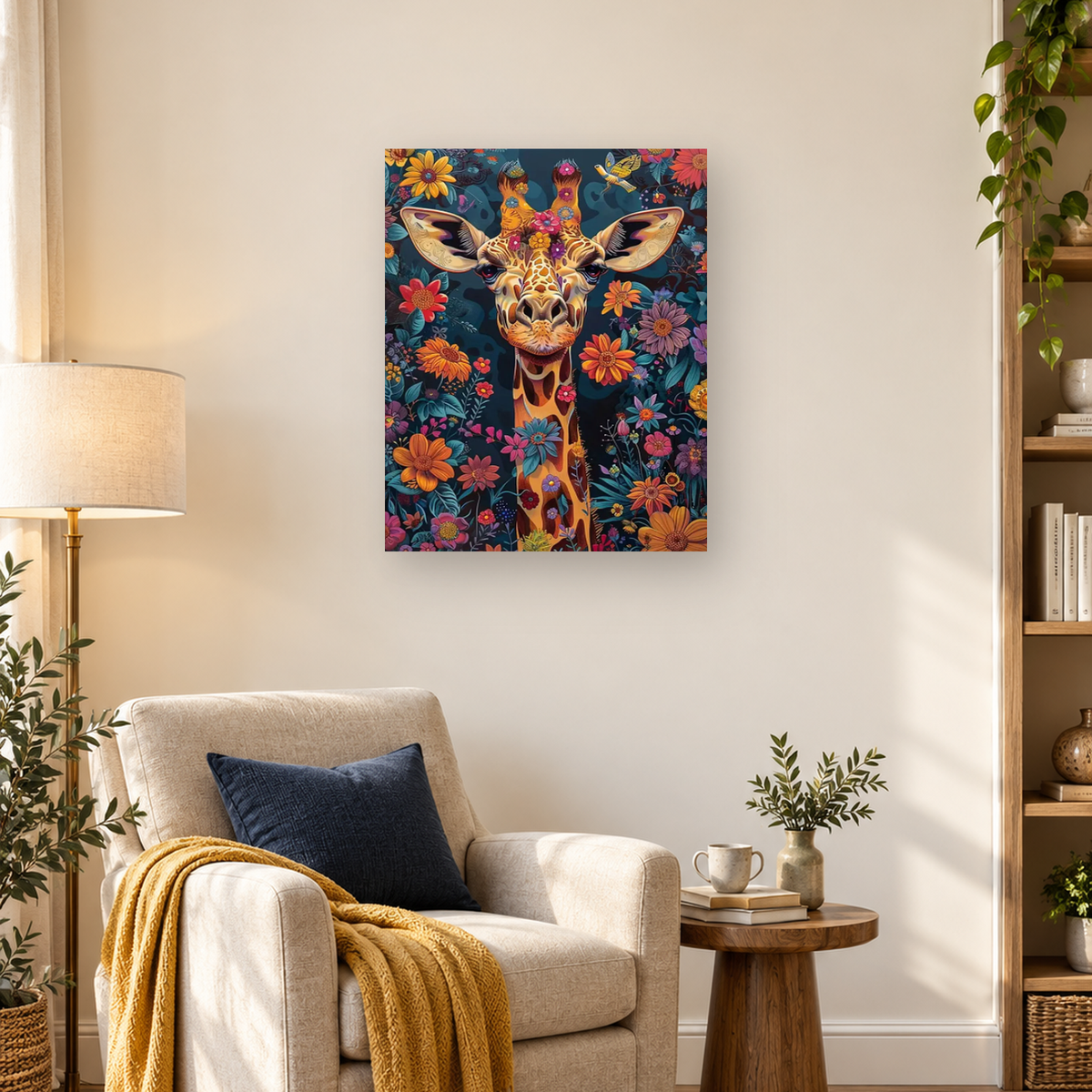 Front-facing giraffe surrounded by colorful flowers, leaves, and butterflies on a dark teal background — 03_lifestyle_hero