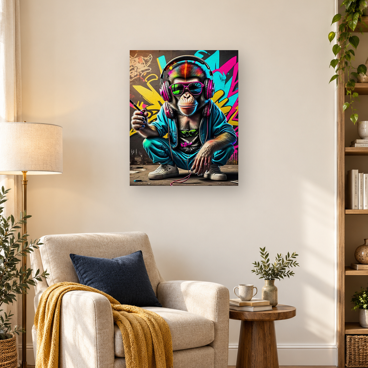 Crouching chimpanzee wearing headphones and pink sunglasses in a blue tracksuit before a graffiti wall. — 03_lifestyle_hero