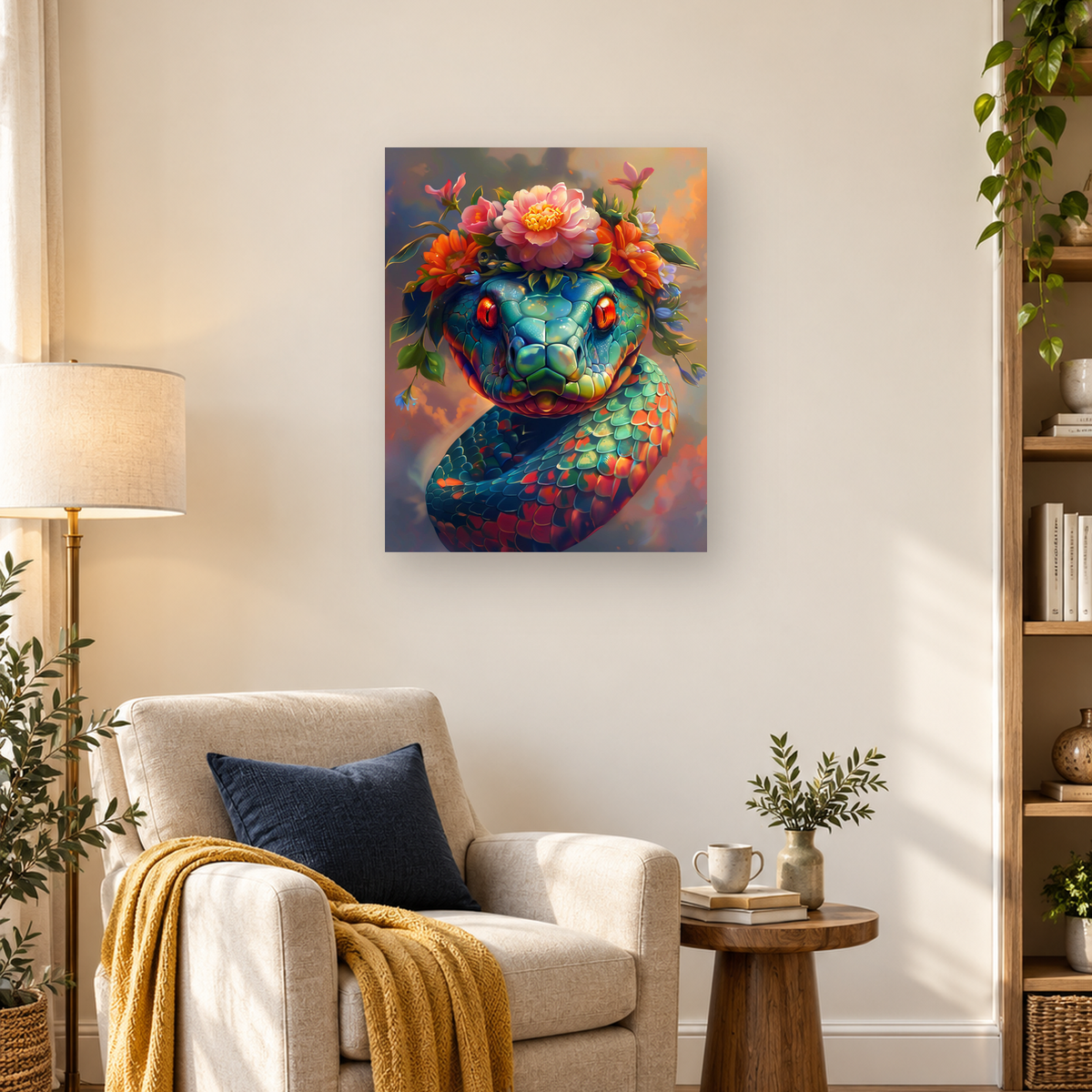 Colorful scaled dragon-like creature with glowing eyes and a crown of pink and orange flowers — 03_lifestyle_hero