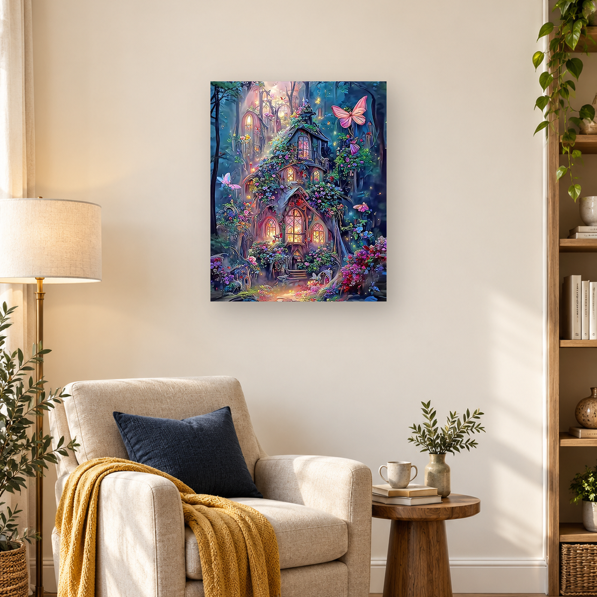 Flower-covered multi-level cottage with glowing windows, butterflies, and dense foliage in a blue-green forest. — 03_lifestyle_hero