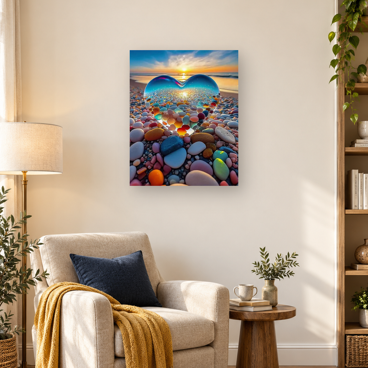 Translucent blue heart filled with colorful pebbles on a beach at sunset — 03_lifestyle_hero