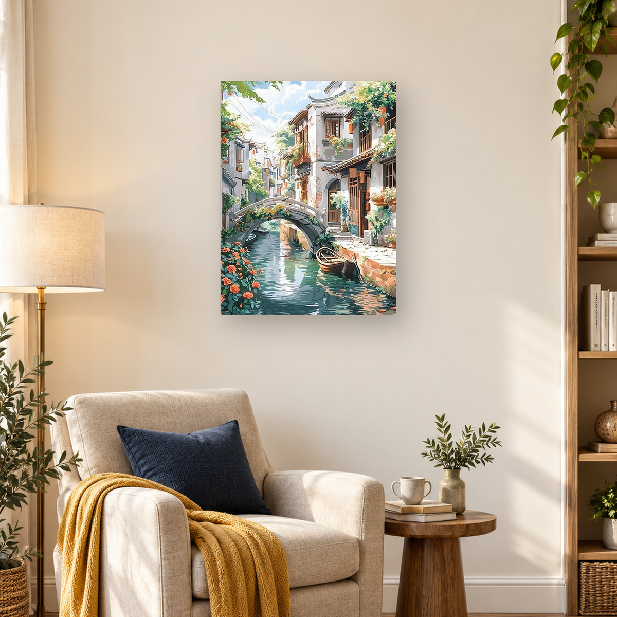 Flower-lined canal village with white buildings, an arched bridge, and small boats on reflective water — 03_lifestyle_hero