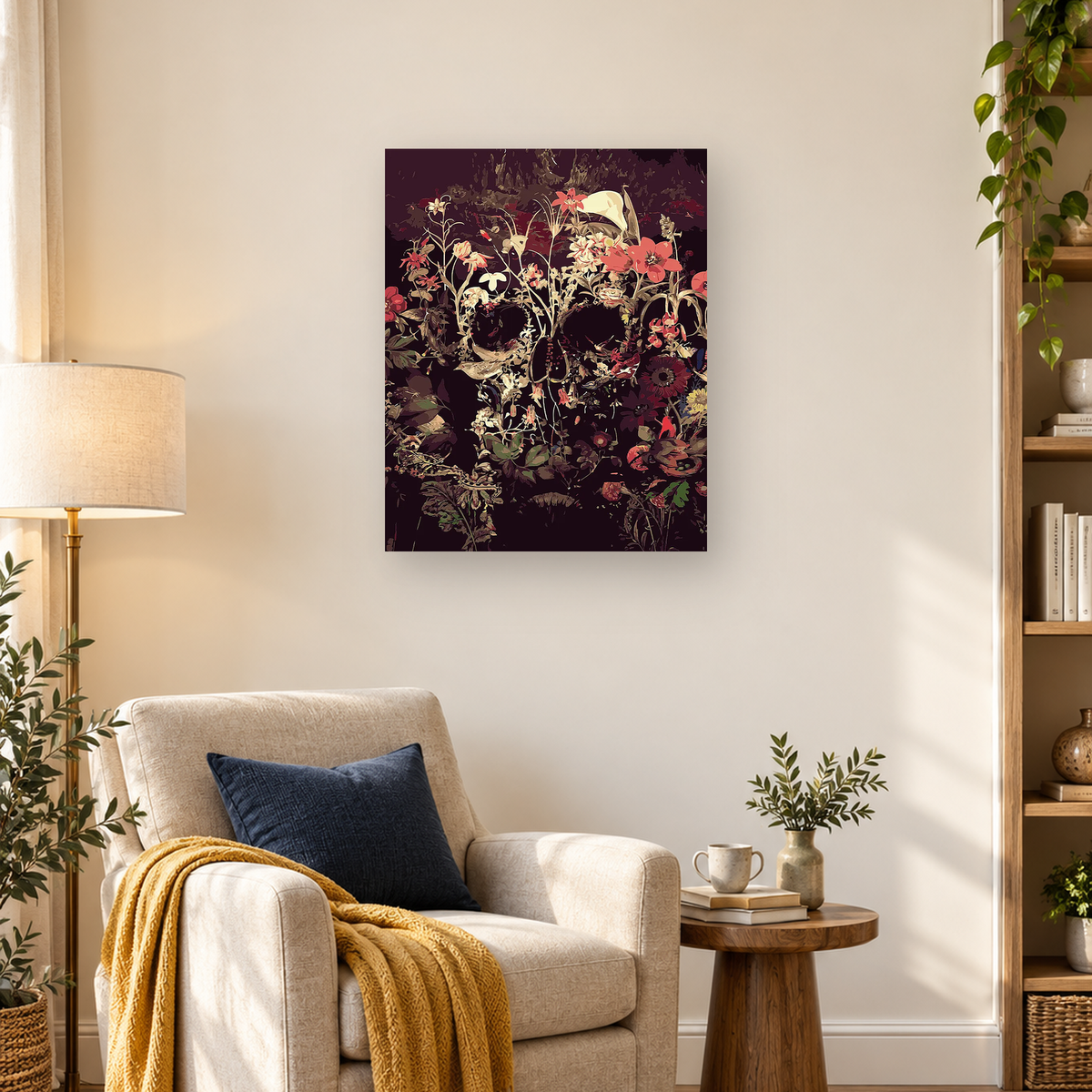 Dense coral, cream, and red flowers with foliage layered over a dark burgundy background — 03_lifestyle_hero