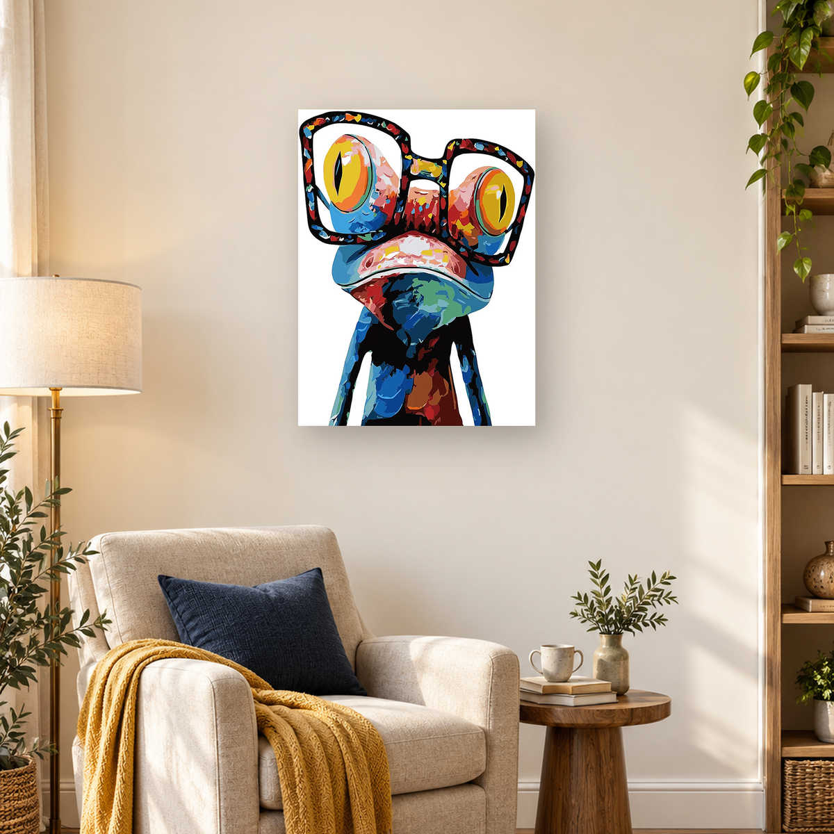 Abstract colorful figure wearing oversized black glasses and a patterned scarf on a white background — 03_lifestyle_hero