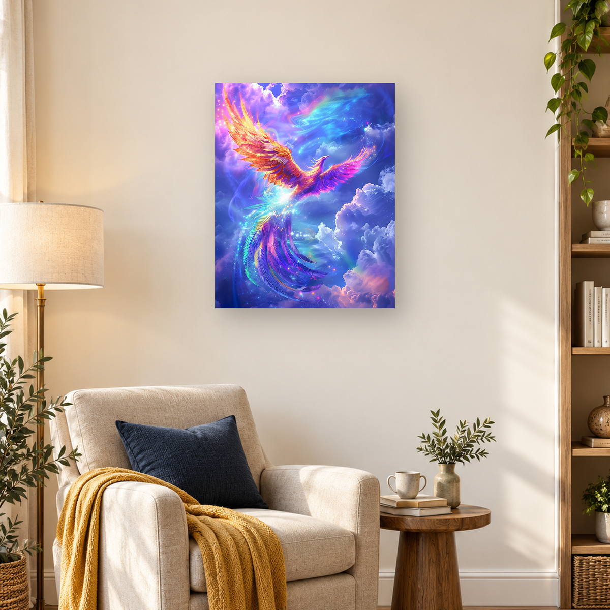 Radiant phoenix with fiery wings and long multicolored feathers rising through a violet and blue cosmic sky. — 03_lifestyle_hero