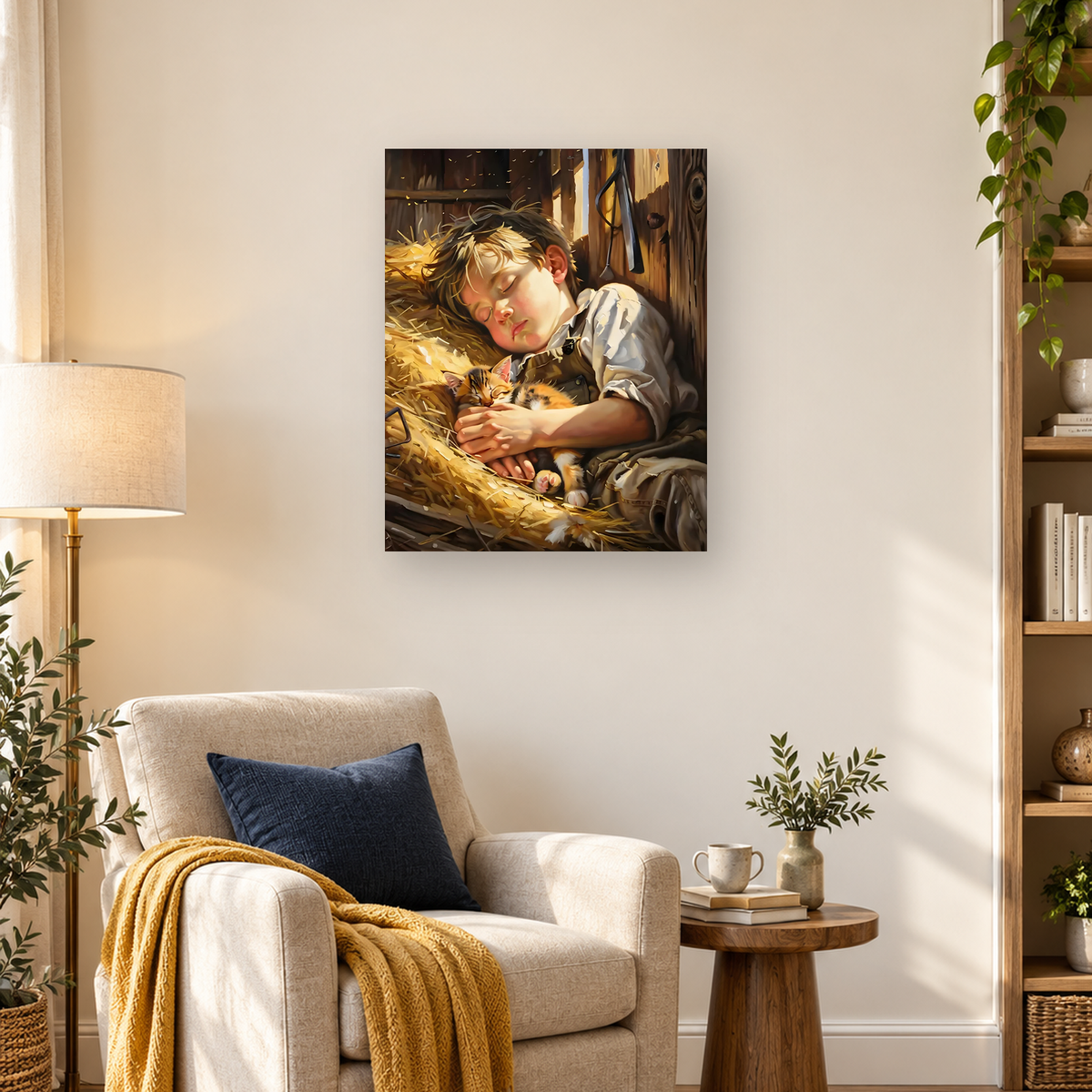 Sleeping boy in a rustic shelter cuddling orange-and-white kittens on golden hay — 03_lifestyle_hero