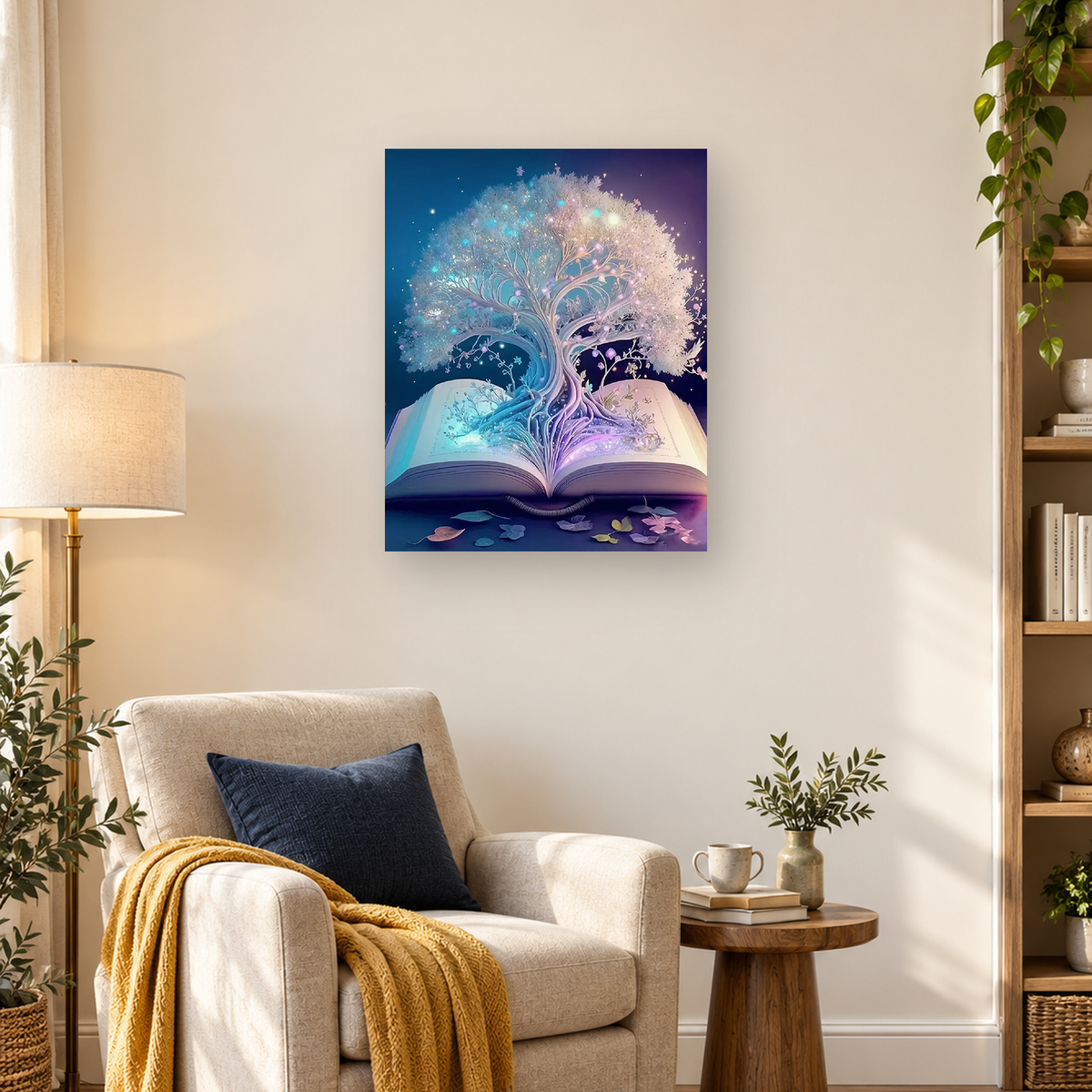 Luminous flowering tree growing from an open book against a deep blue and violet background — 03_lifestyle_hero