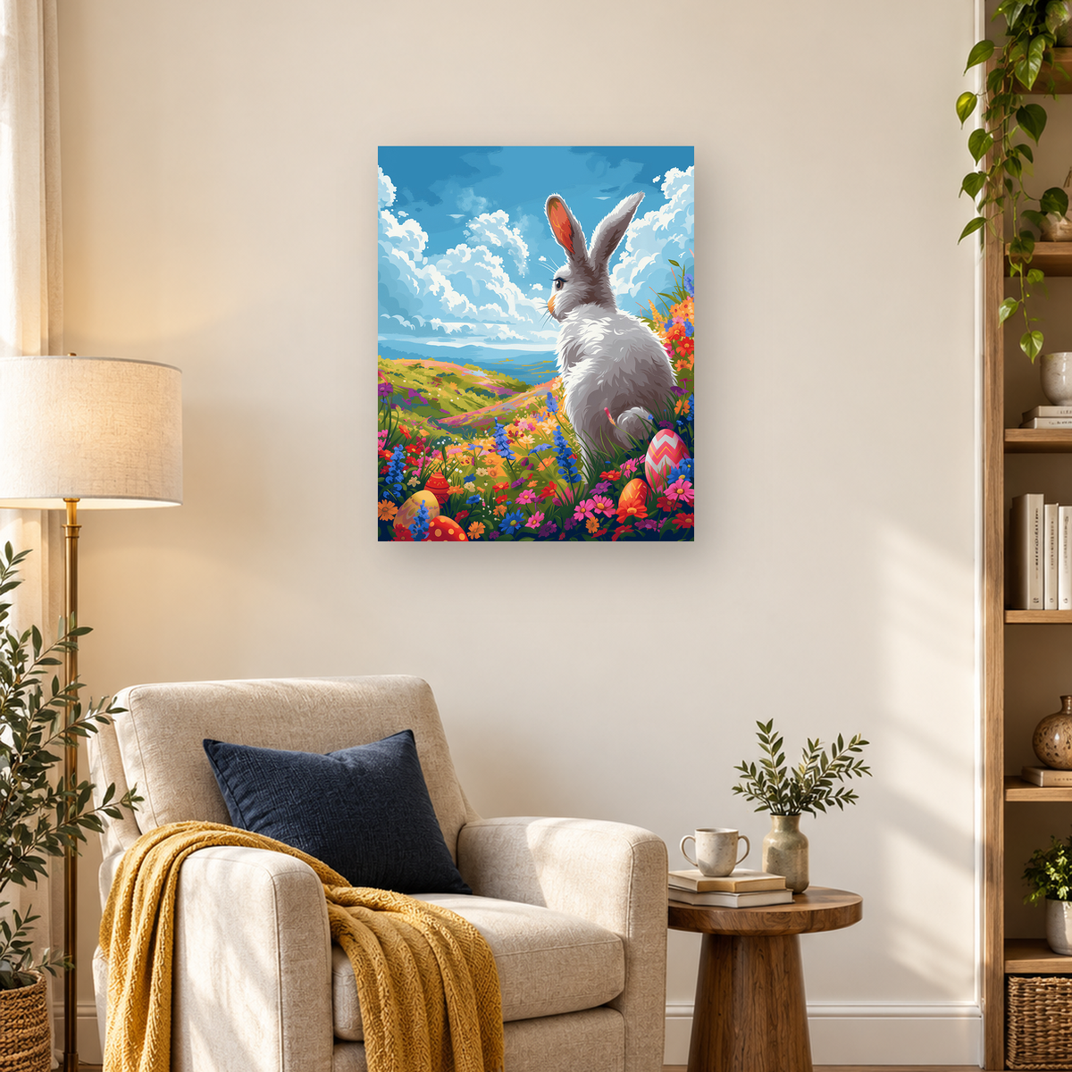 Gray rabbit surrounded by colorful flowers and decorated Easter eggs beneath a blue cloudy sky — 03_lifestyle_hero