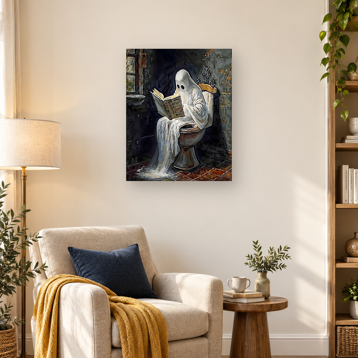 Faceted ghost with large dark eyes reading an open book while seated in a wooden chair. — 03_lifestyle_hero