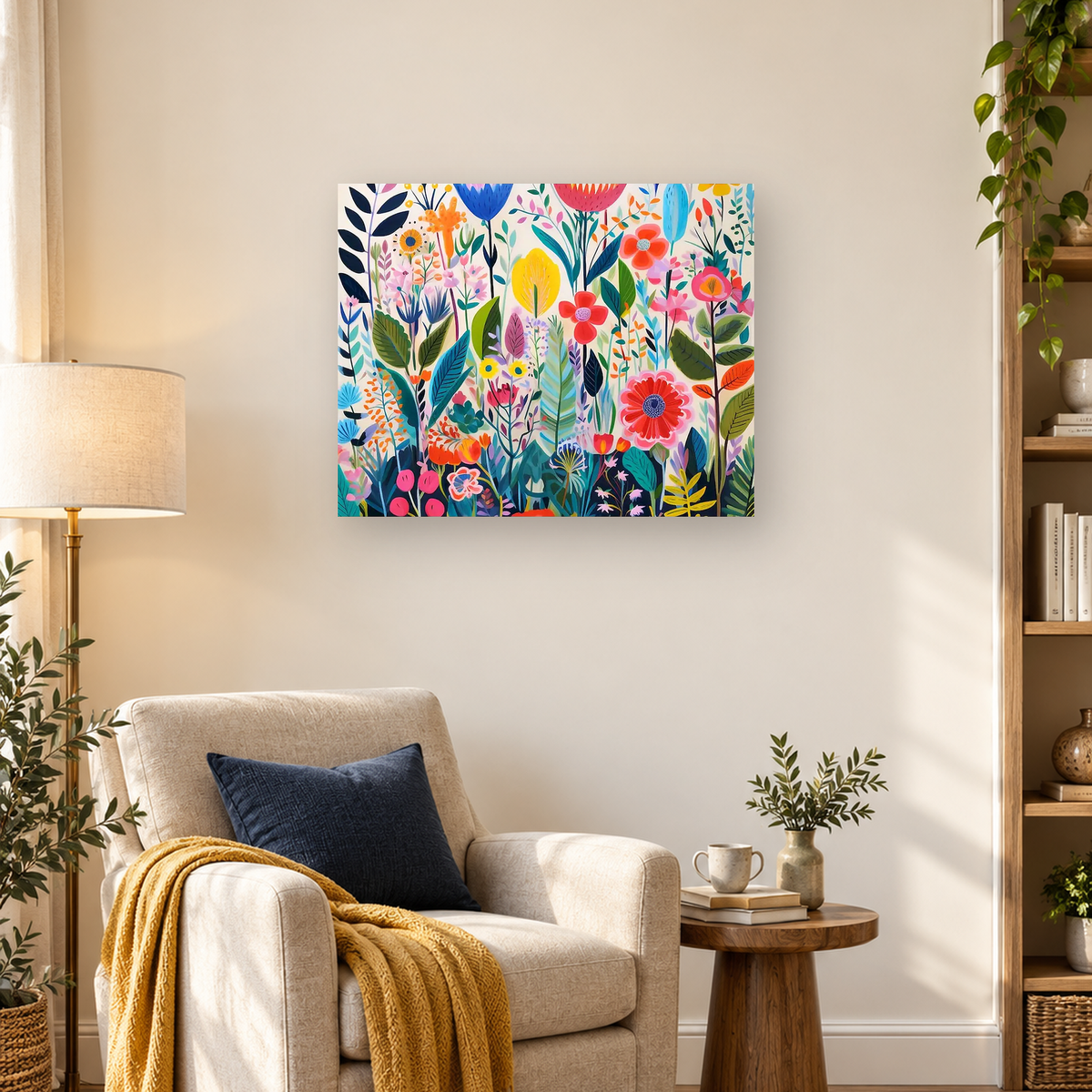 Colorful flat-style botanical garden filled with stylized flowers, leaves, stems, and seed heads — 03_lifestyle_hero