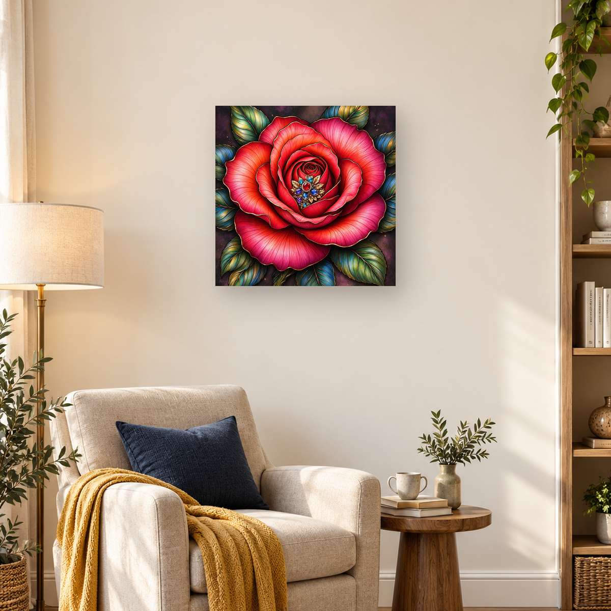 Large jeweled red and pink rose surrounded by blue-green leaves on a dark background — 03_lifestyle_hero