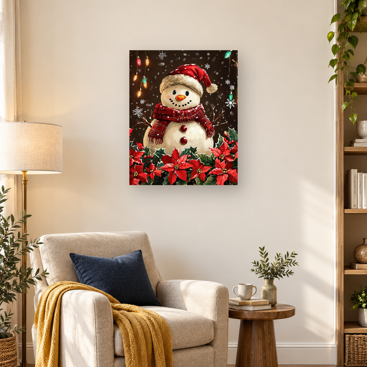 Smiling snowman in a Santa hat and plaid scarf surrounded by poinsettias, snowflakes, and holiday lights
