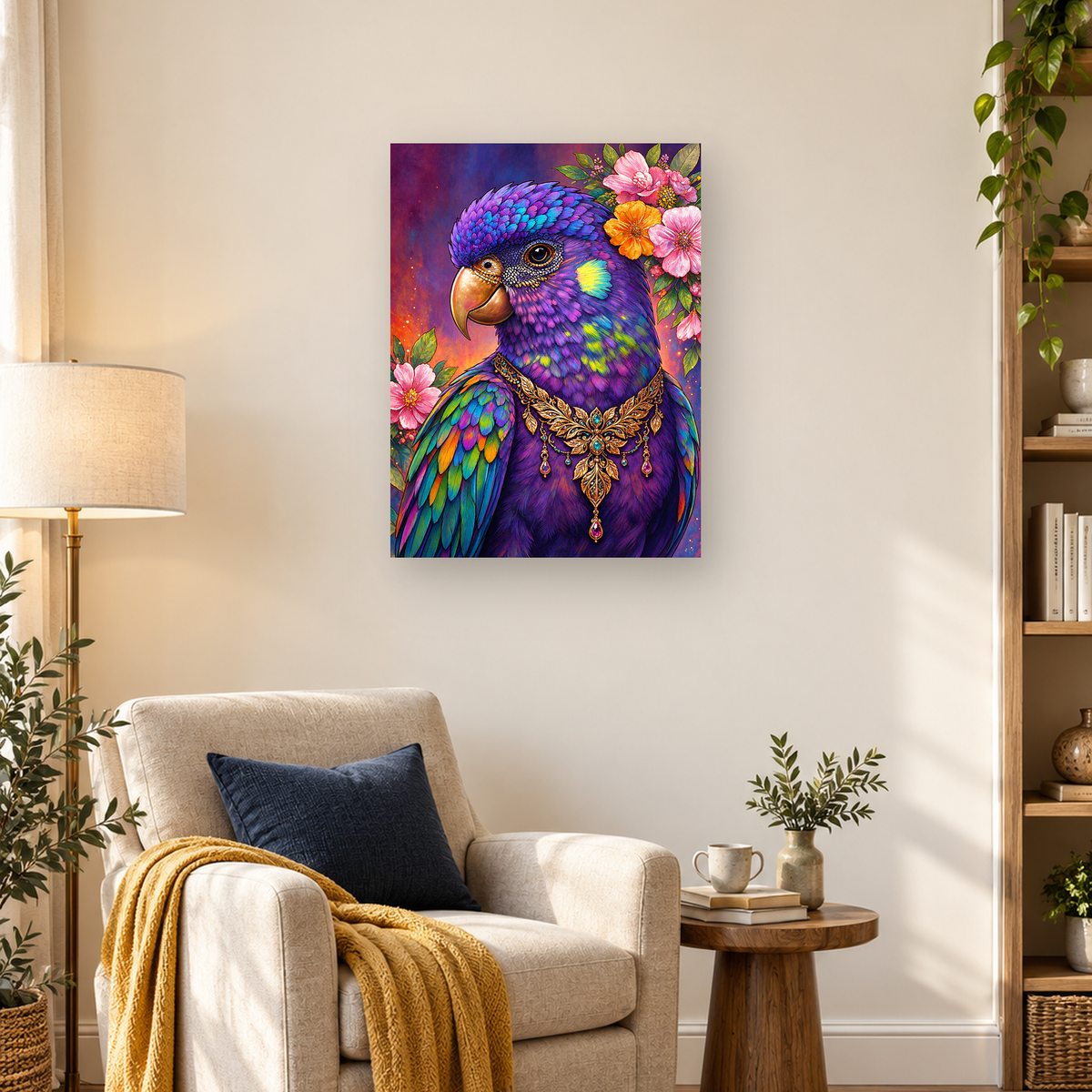 Ornate purple-blue bird with gold jewelry, colorful feathers, and pink and orange flowers — 03_lifestyle_hero