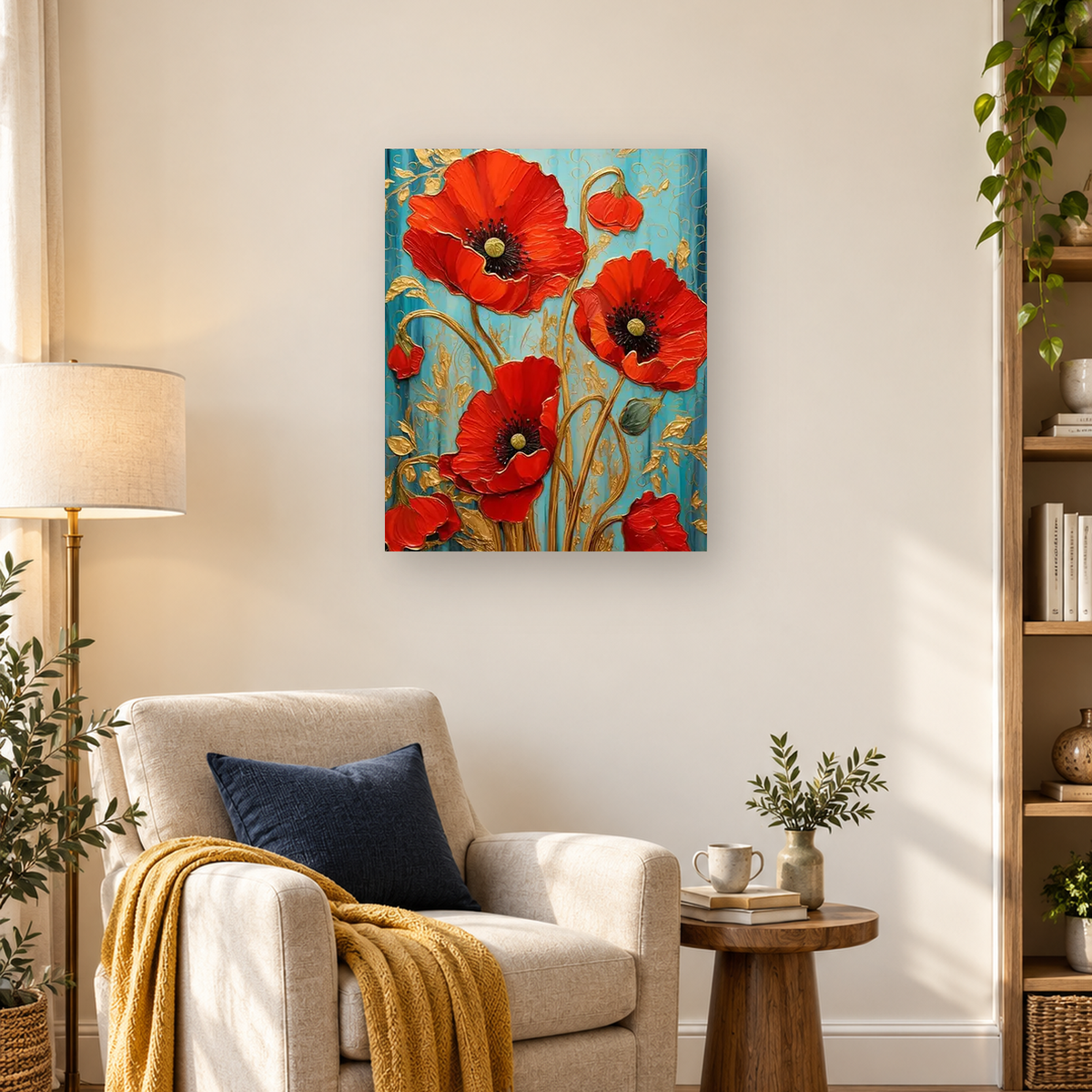 Decorative artwork of vivid red poppies with golden stems on a turquoise patterned background — 03_lifestyle_hero