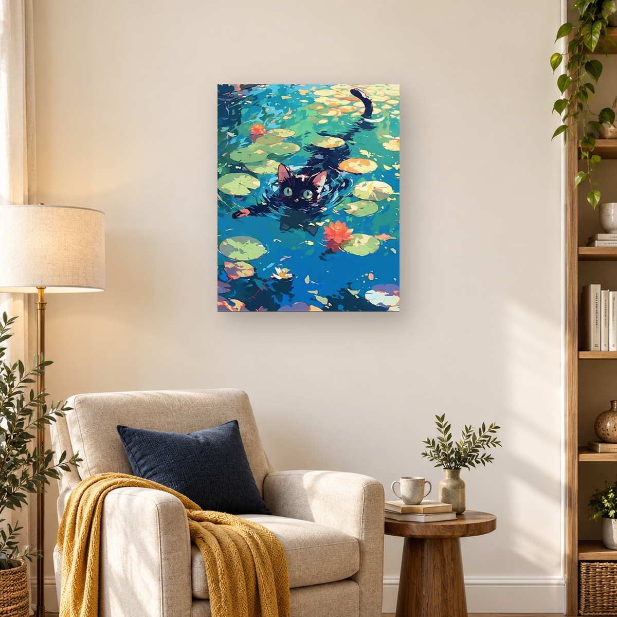 Black cat swimming among lily pads and orange water lilies in blue-green pond water — 03_lifestyle_hero