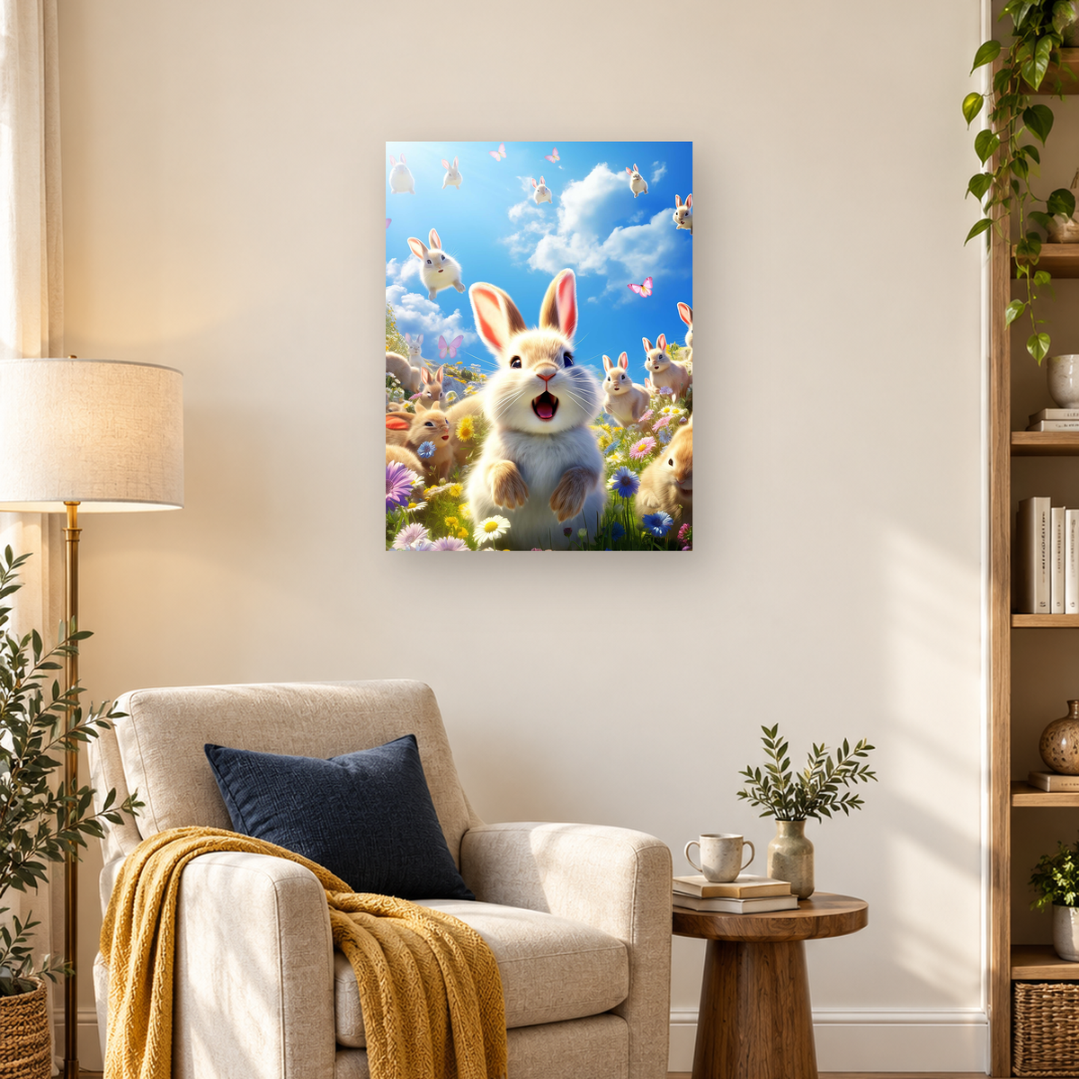 Large white rabbit in a flower meadow with smaller rabbits, butterflies, and a bright blue sky — 03_lifestyle_hero