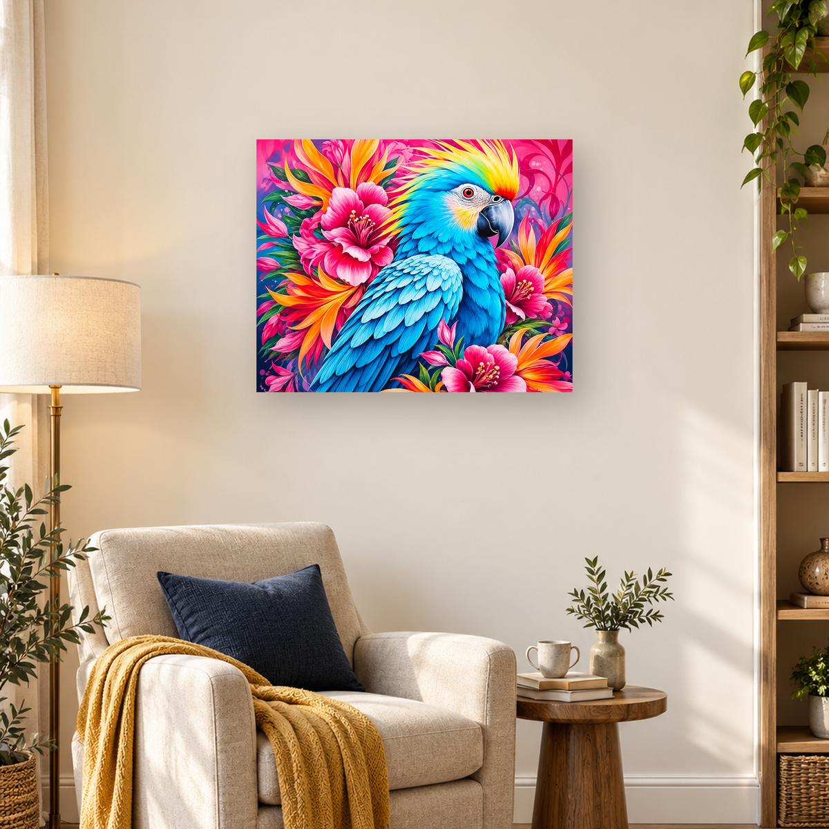 Bright blue parrot surrounded by pink hibiscus and orange tropical flowers — 03_lifestyle_hero