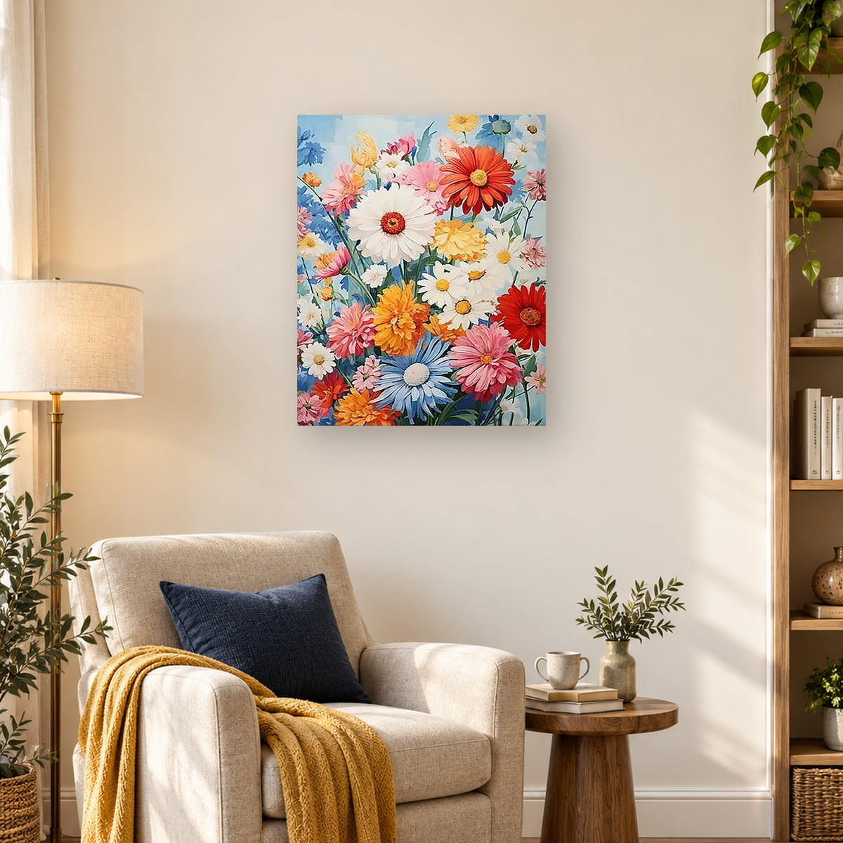 Painterly arrangement of colorful daisies and mixed flowers against a pale blue background — 03_lifestyle_hero