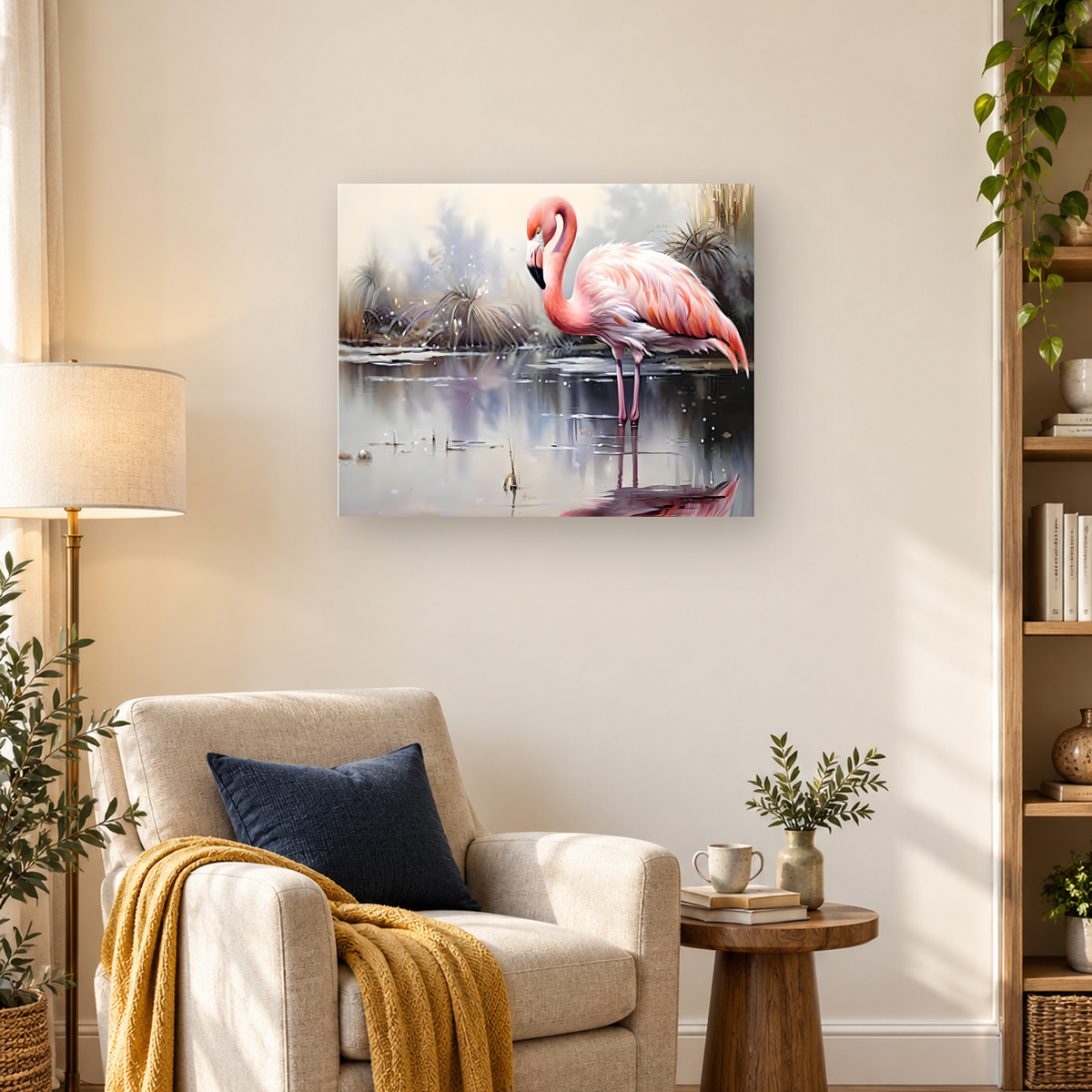 Pink flamingo standing in shallow reflective water beside spiky wetland plants. — 03_lifestyle_hero