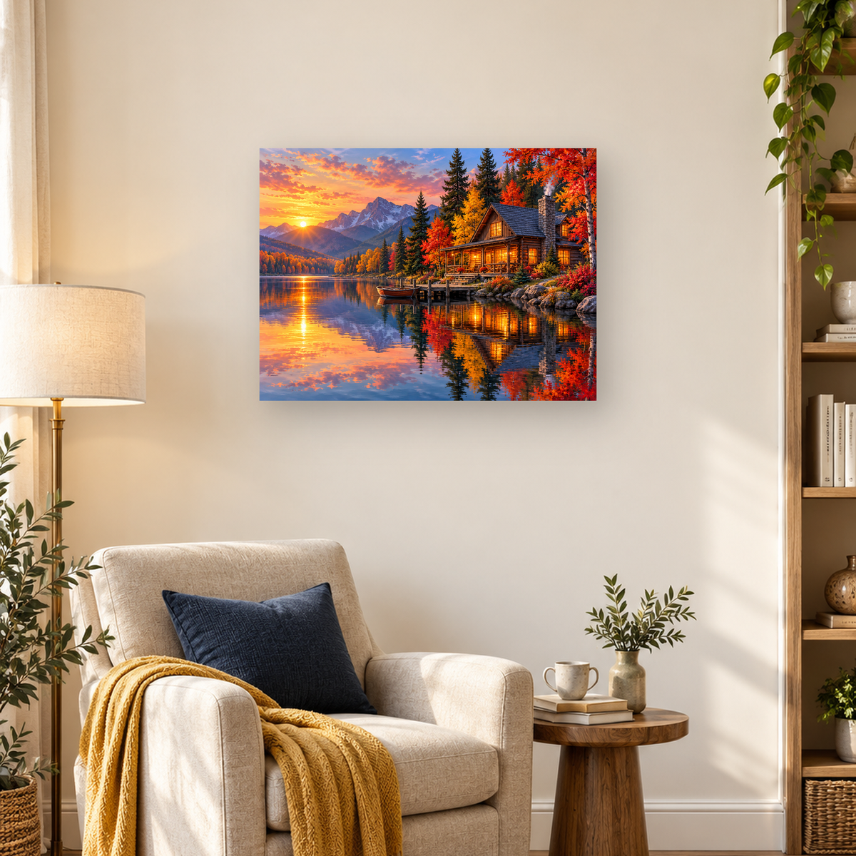 Autumn log cabin beside a reflective lake, with snow-capped mountains, colorful trees, and a glowing sunset. — 03_lifestyle_hero
