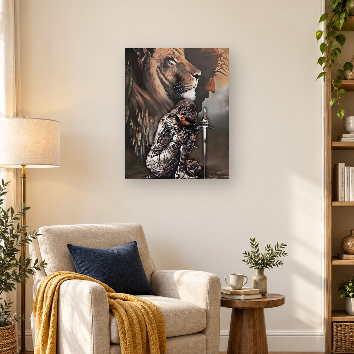 Profiled lion behind a kneeling armored figure holding a vertical sword — 03_lifestyle_hero