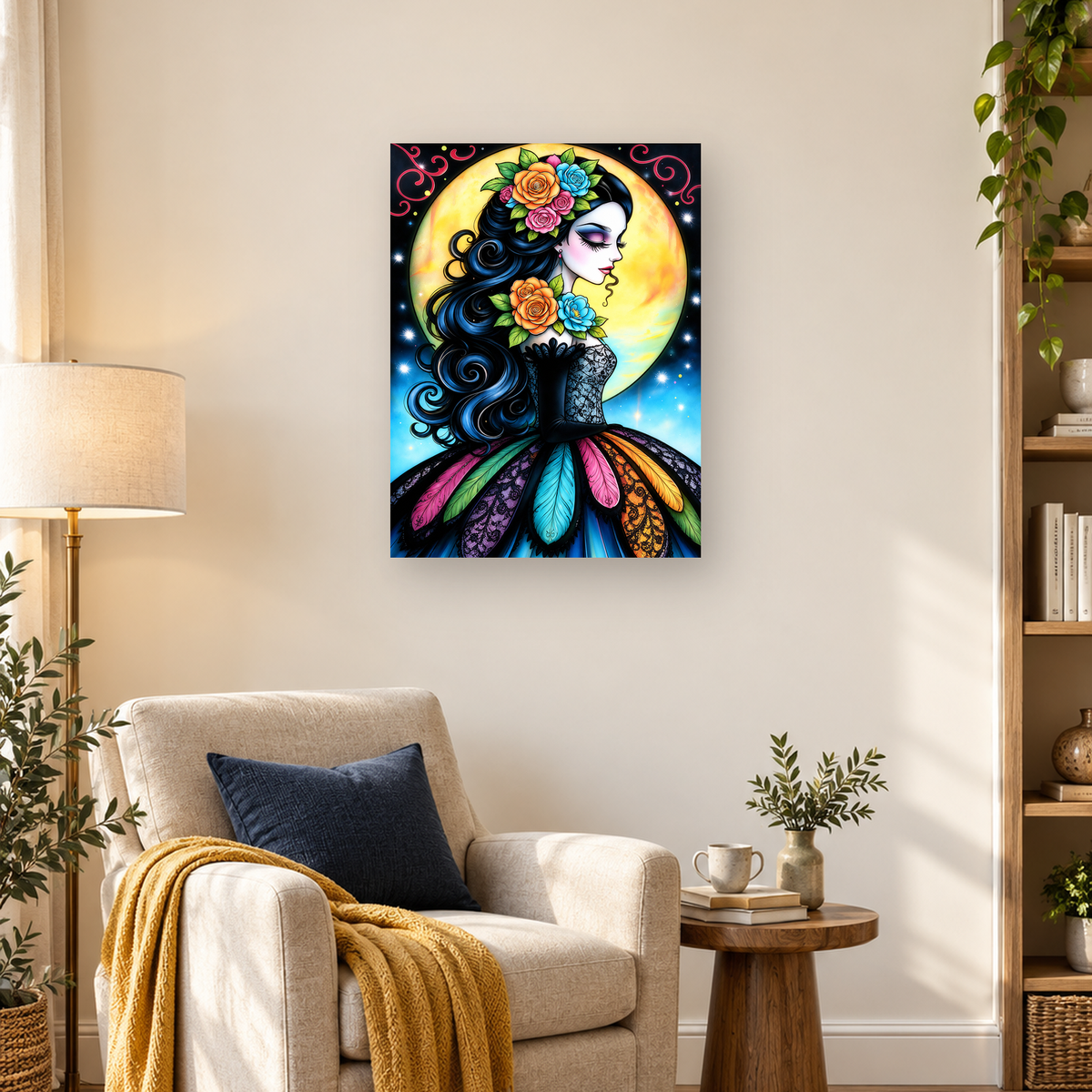 Woman in profile with floral hair ornaments, flowing dark hair, glowing moon, and colorful ornate dress — 03_lifestyle_hero