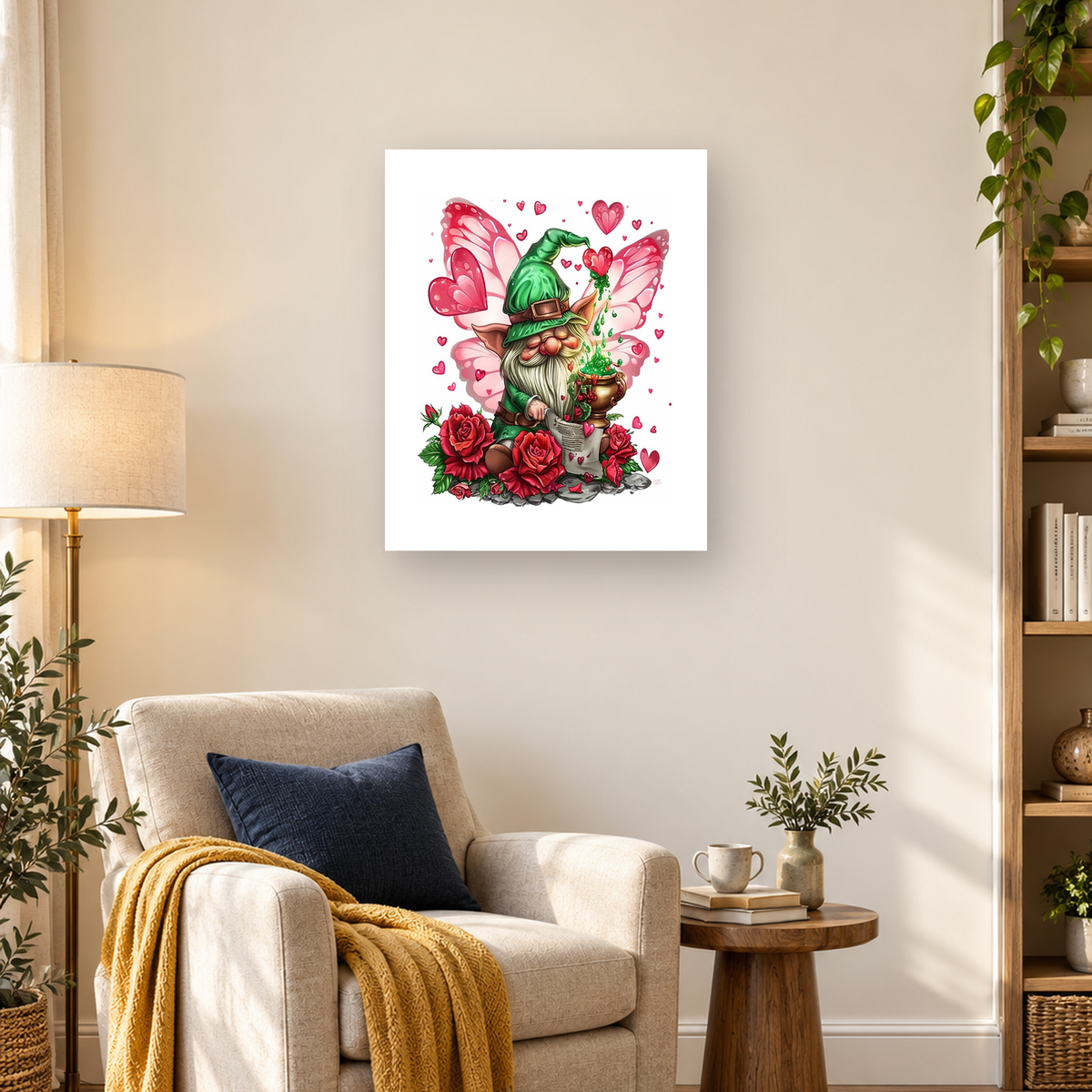 Bearded green-hatted gnome with pink butterfly wings, roses, a scroll, hearts, and a golden pot