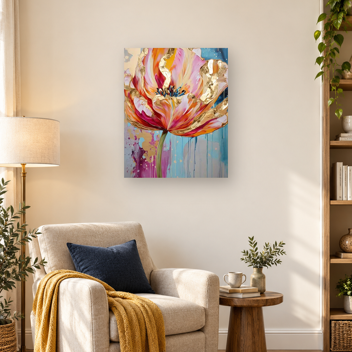 Abstract close-up flower with colorful layered petals, blue stamens, green stem, and dripping painted background — 03_lifestyle_hero