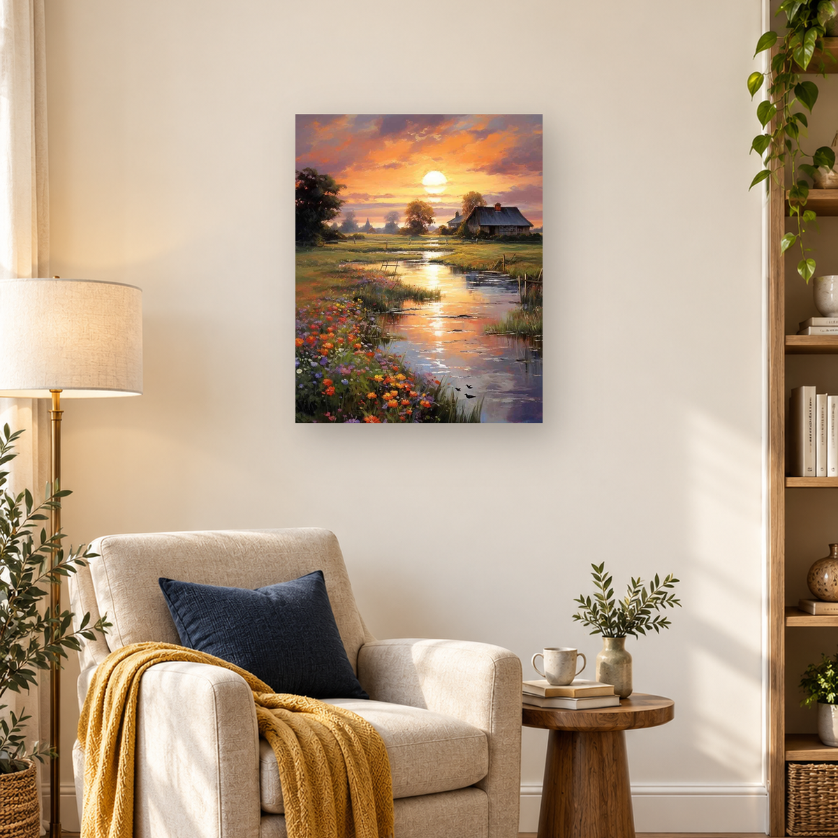 Painterly sunset landscape with a farmhouse, reflective pond, wildflowers, trees, and distant church steeple — 03_lifestyle_hero