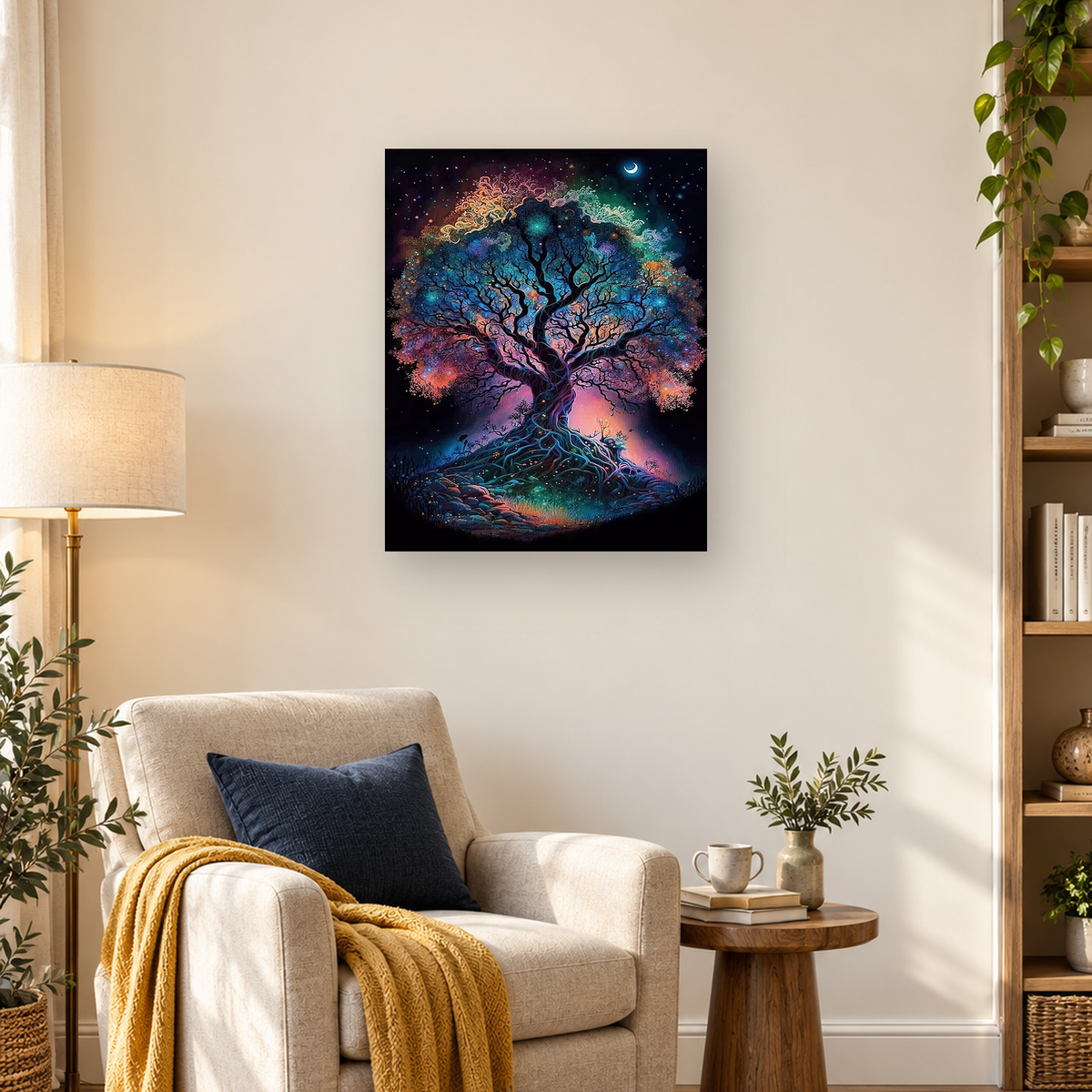 Luminous fantasy tree with exposed roots beneath a crescent moon and colorful starry canopy — 03_lifestyle_hero