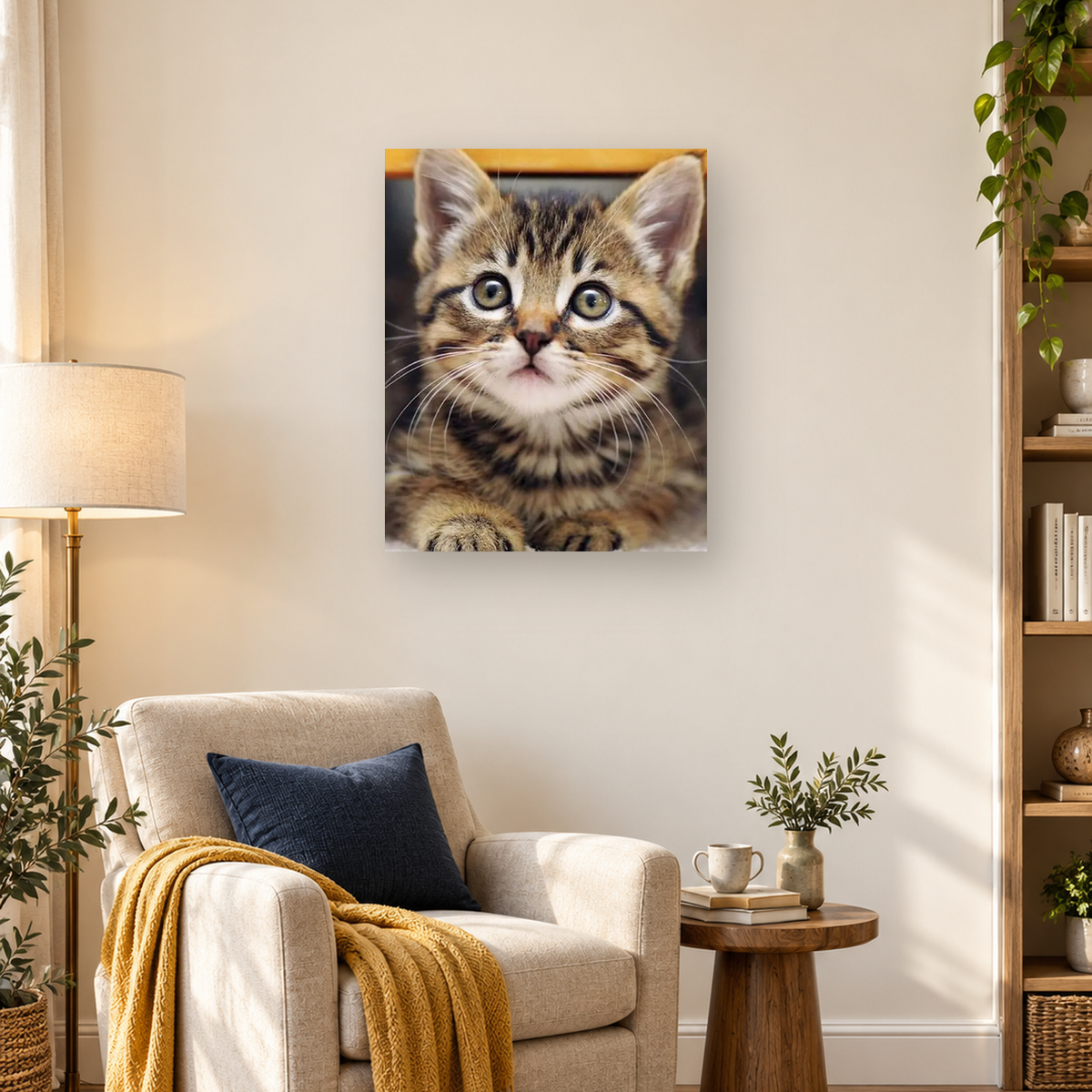 Close-up tabby kitten with greenish eyes, striped fur, white muzzle, whiskers, and front paws. — 03_lifestyle_hero