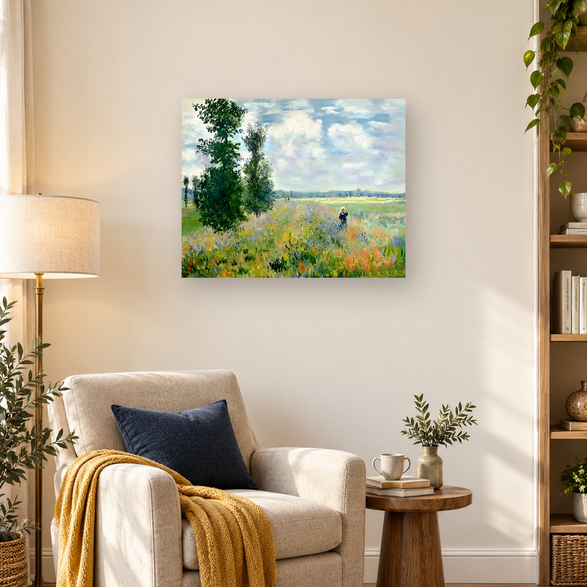 Impressionist flower meadow with a large leafy tree, cloudy sky, and distant pale-hatted figure — 03_lifestyle_hero