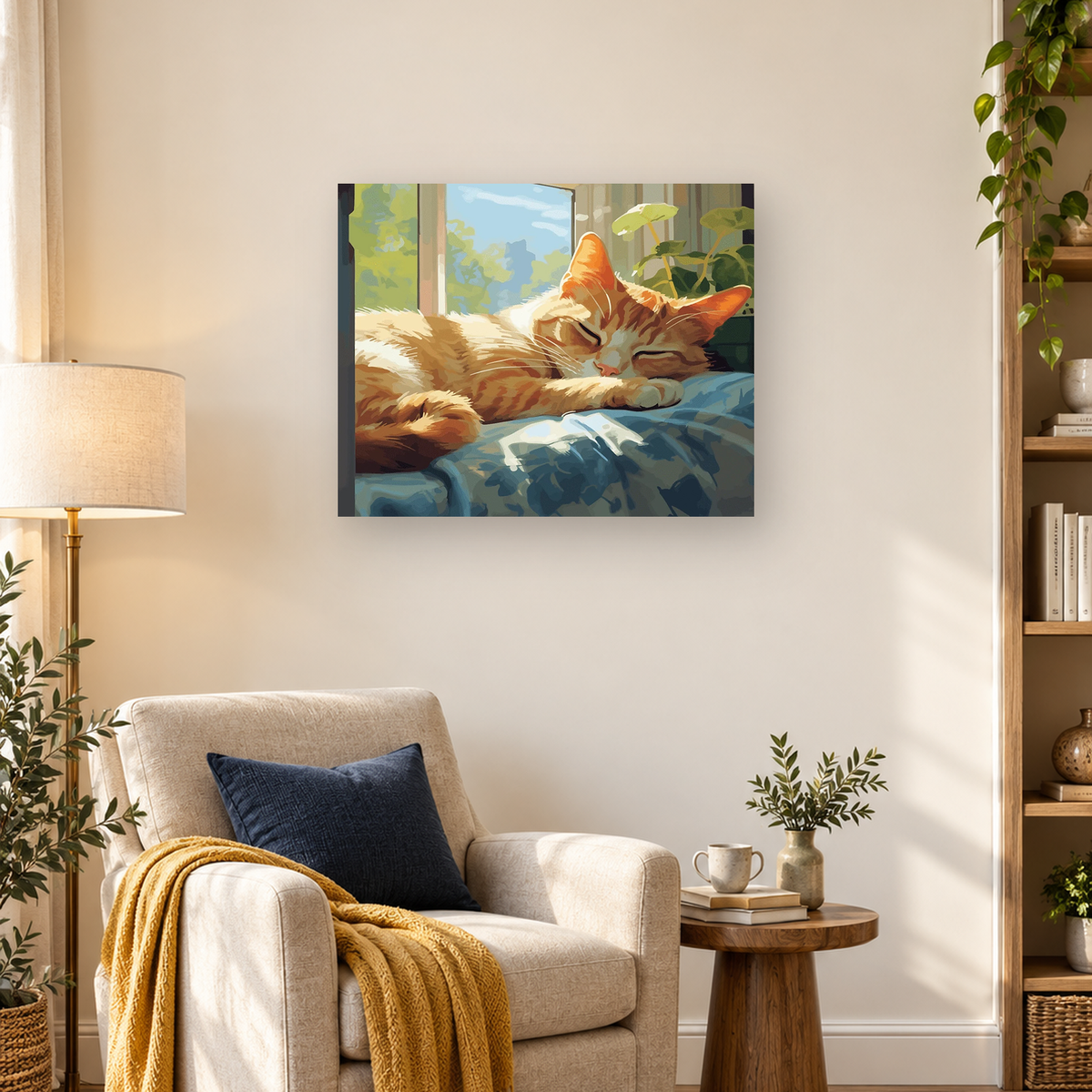 Orange-and-white cat sleeping on a blue blanket beside a sunny window and leafy plants — 03_lifestyle_hero